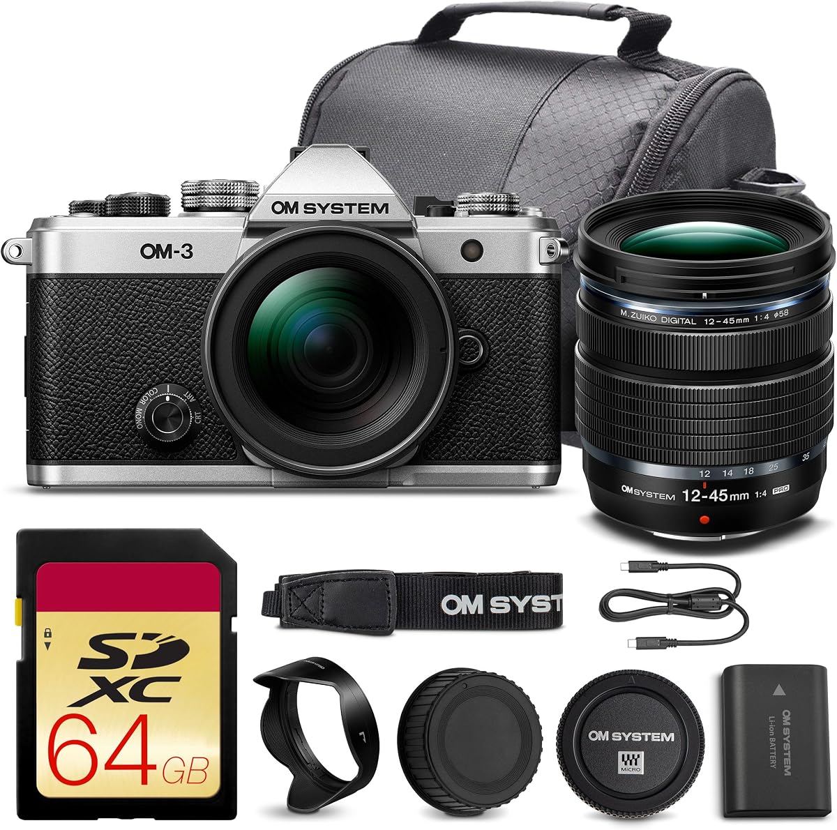 Cámara sin espejo OM SYSTEM OM-3 con paquete de lentes PRO de 12-45 mm f/4 | Sensor BSI apilado de 20 MP, IBIS de 5 ejes, ráfaga de alta velocidad y vídeo 4K | Ideal para viajes y actividades al aire libre (V210051SW000) + Tarjeta de 64 GB + Bolsa