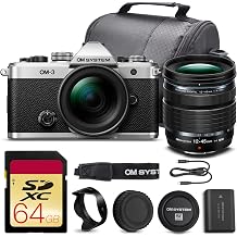 OM SYSTEM OM-3 Mirrorless Camera with 12-45mm f/4 PRO Lens Bundle | 20MP Stacked BSI Sensor, 5-Axis IBIS, High-Speed Burst & 4K Video | Great for Travel & Outdoors V210051SW000 + 64GB Card + Bag