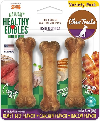 Nylabone Healthy Edibles - Premios para masticar todo natural, larga duración, paquete surtido con 3unidades, carne asada, pollo y tocino (Roast