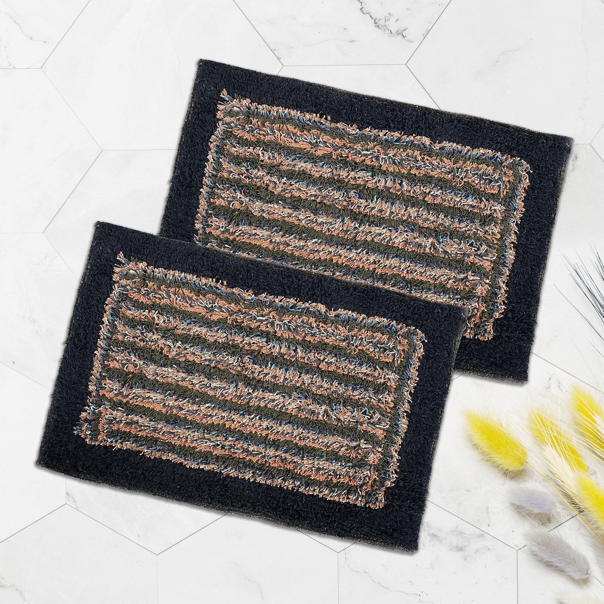 Kuber Industries Pack of 2 Anti-Slip Bathroom Mat | Furry Door Mats for Home Entrance & Kitchen Floor | Foot Perdan for Home Door -Black & Grey
