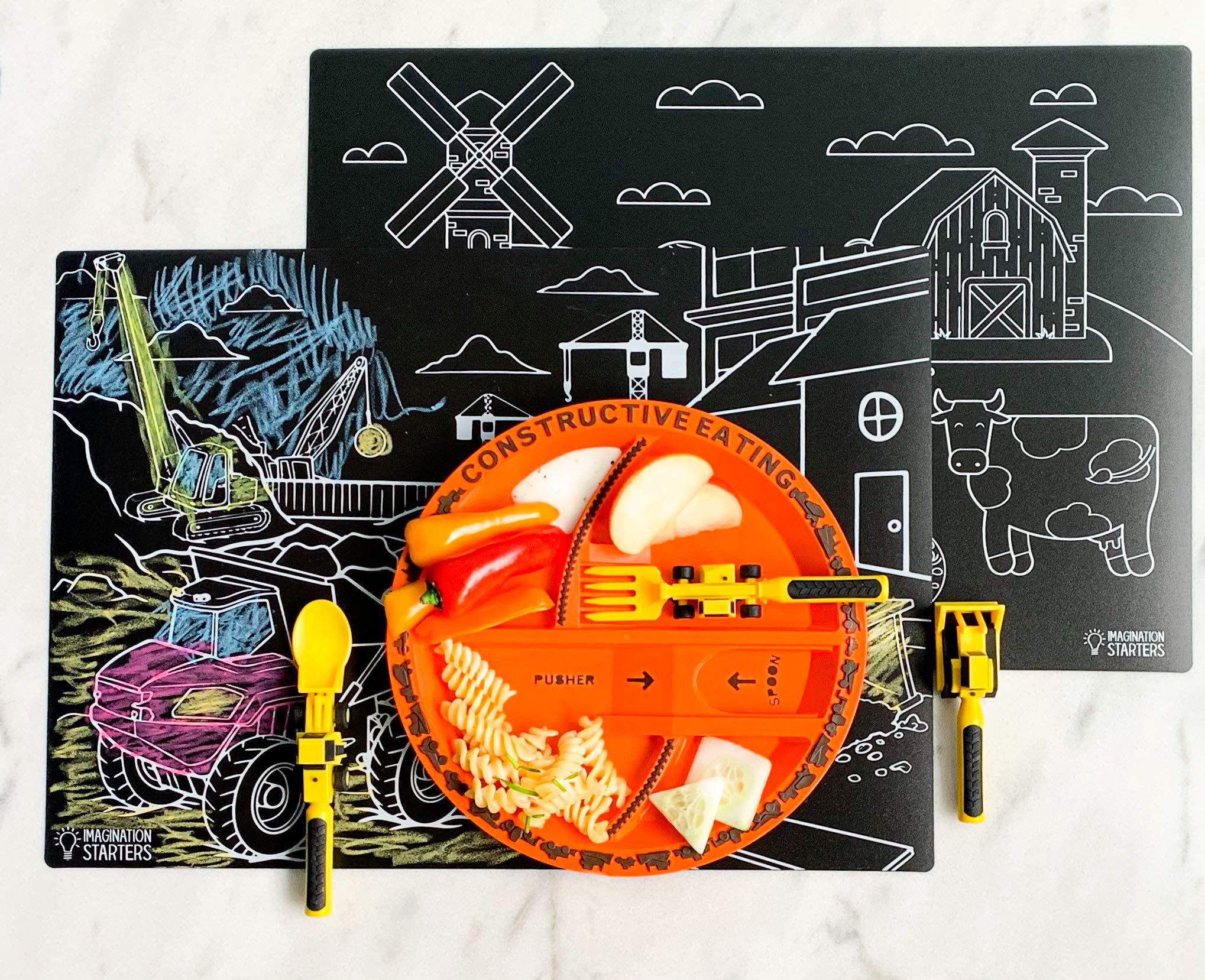 Constructive Eating Made in USA Construction Utensil Set and Plate with Imagination Starters Crayons and Reusable Construction and Farm Placemats…
