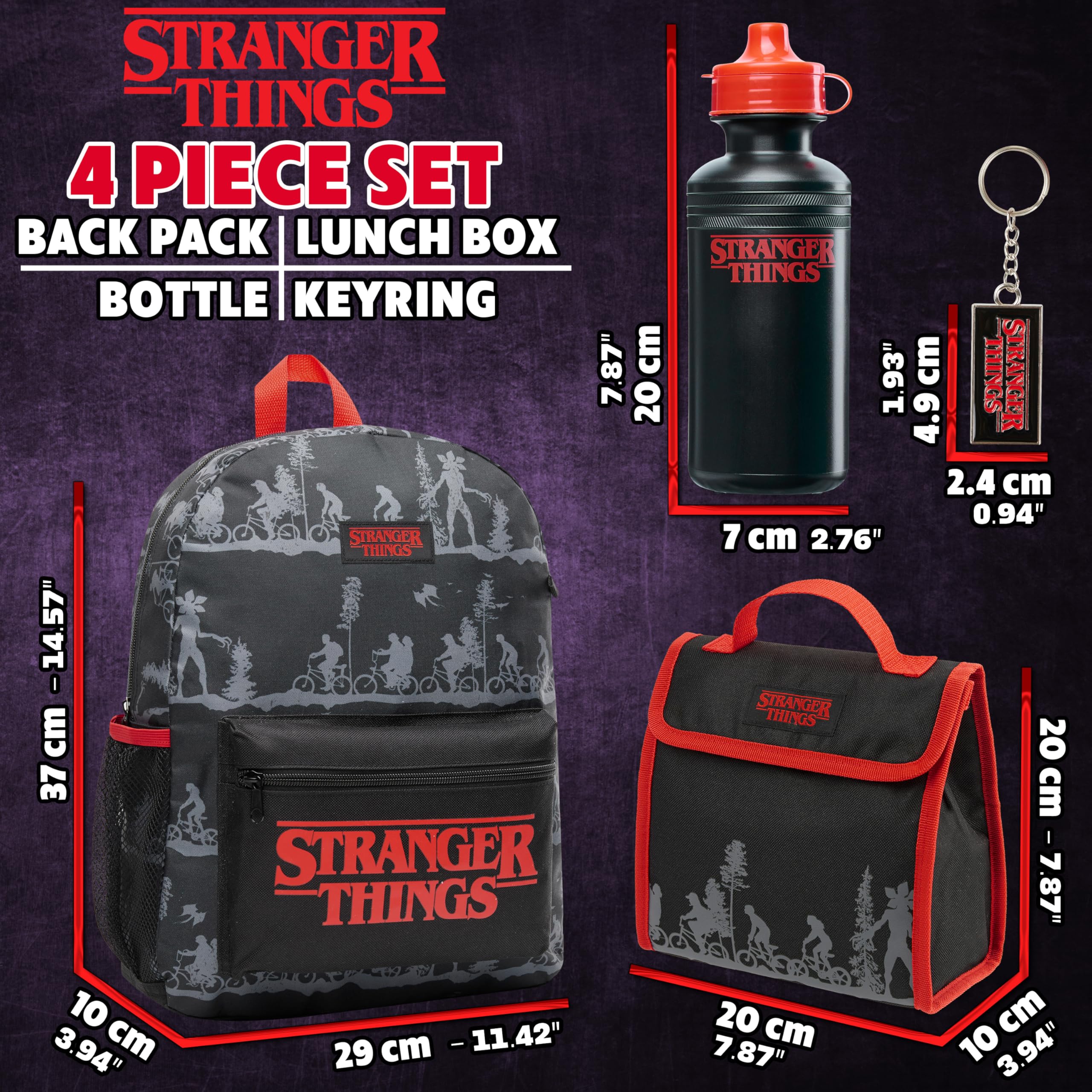 Stranger Things Mochila Escolar Niño Adolescente Set Escolar 4 Piezas con Bolsa Merienda Botella de Agua Llavero Regalo Niños
