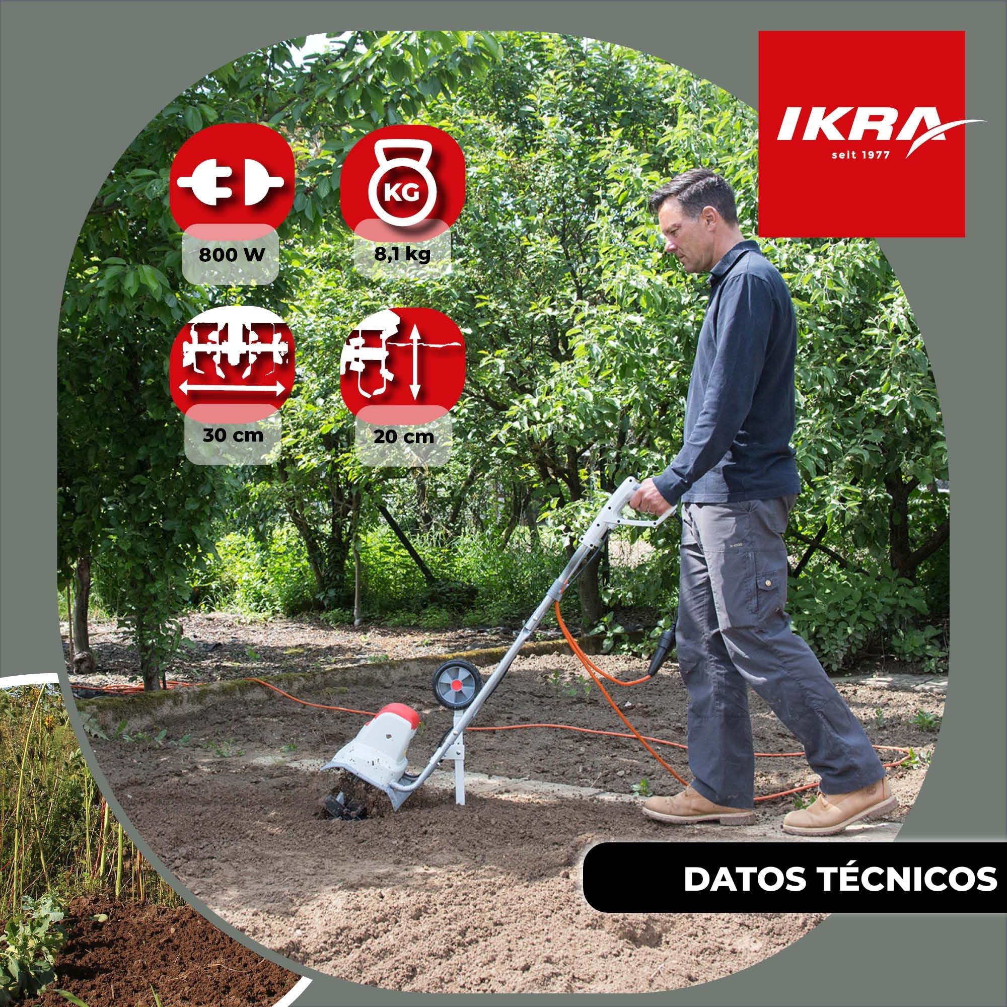 IKRA 70300420 motoazada eléctrica motocultor IEM 800 S, Ancho de Trabajo 30cm, Profundidad 20cm, Gris, Rojo y Negro