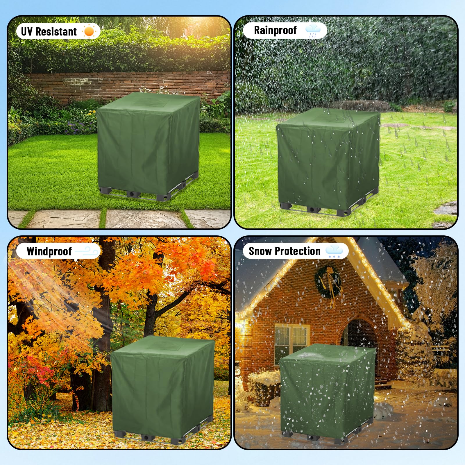 Pokrywa na zbiornik IBC 1000L – Wodoodporna osłona UV do zbiornika wodnego i kontenera IBC 420D – Plandeka z zamkiem błyskawicznym 120x100x116 cm (Zielony)