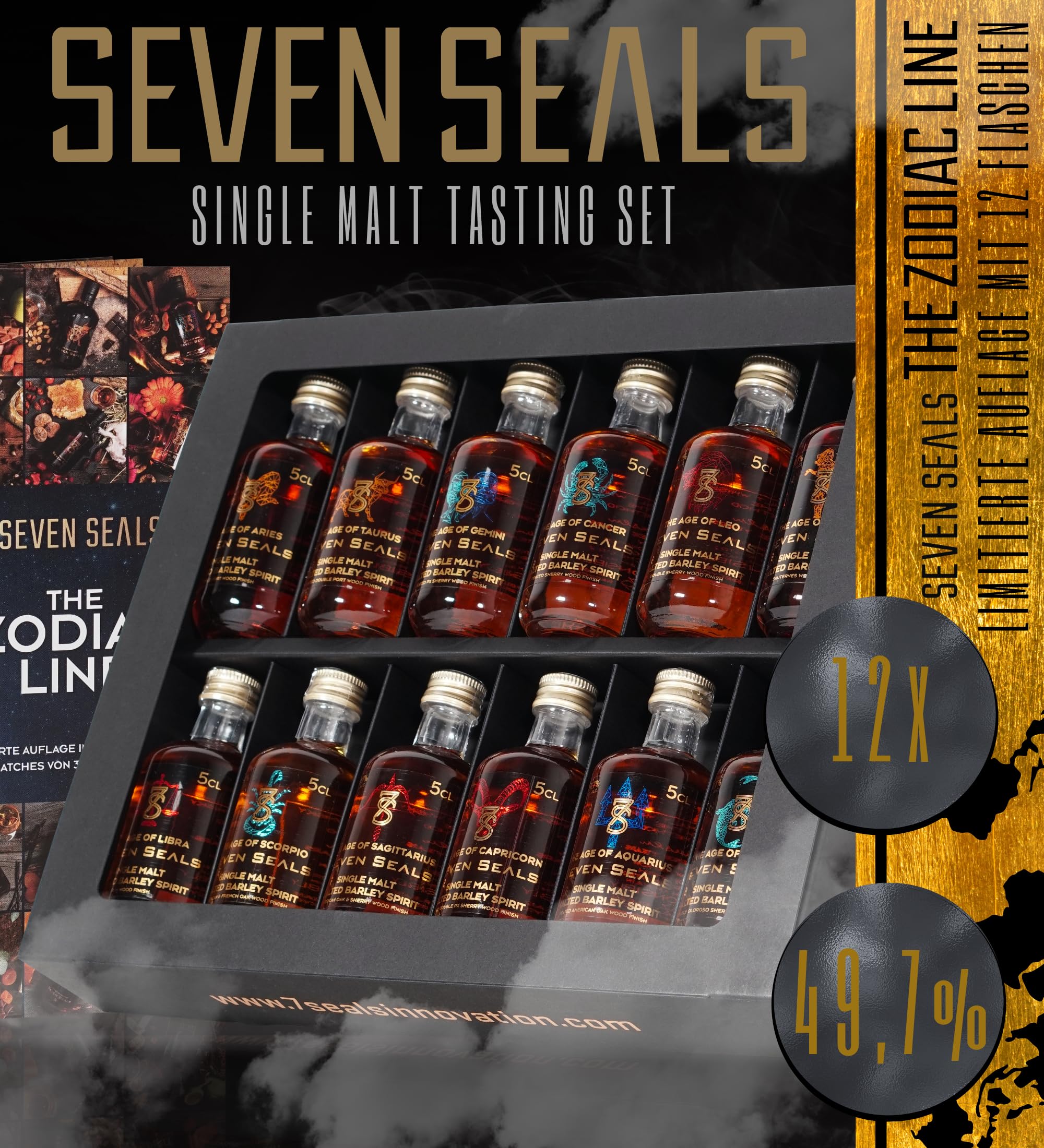 Seven Seals Single Malt Geschenkset | Zodiac Tasting Set | 12 x 5cl Tasting Miniaturen | Premium Probierpaket | Geschenkidee für Männer & Genießer | Schweizer Qualität | 49,7 % Vol
