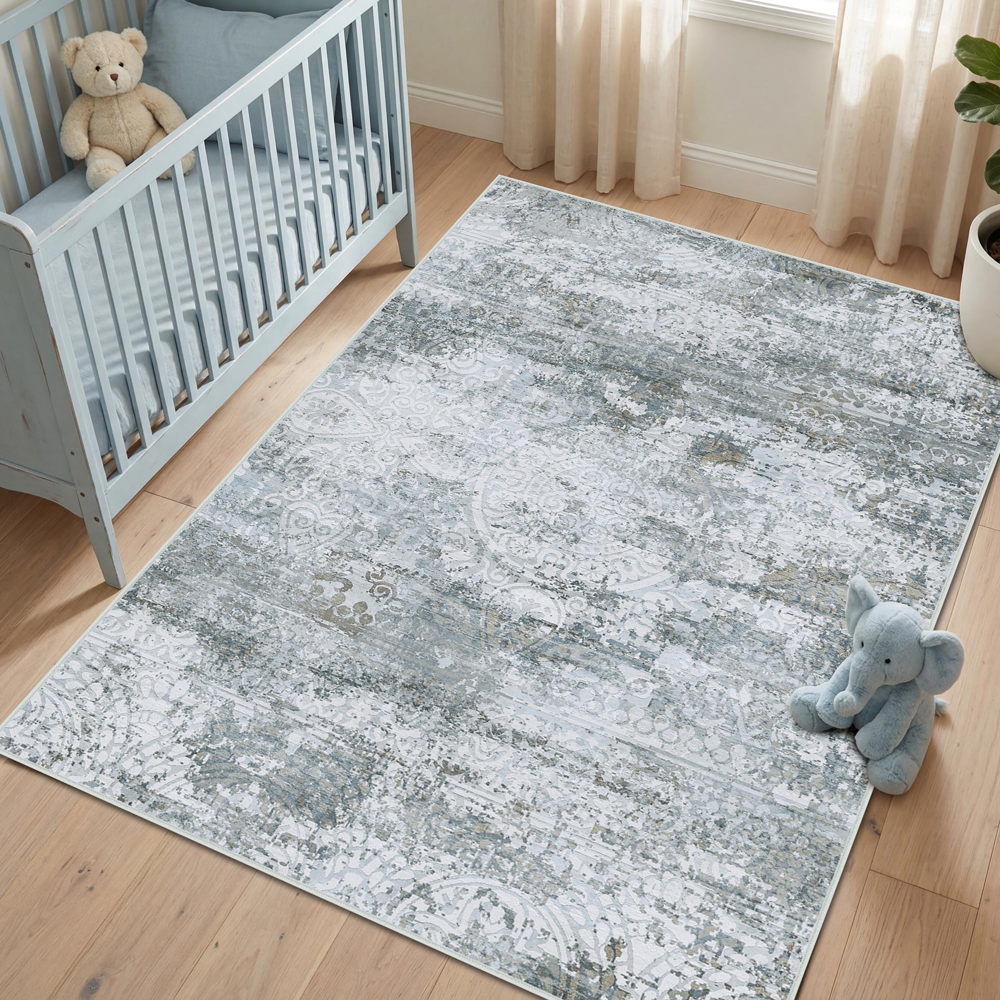 Autsel Rugs for Living Room Bedroom 120x170cm, Small Machine Washable Area Rugs Non-slip, Vintage Boho Rugs, Soft Short Pile Carpet, Greyish Blue Runner Rugs for Hallway, Carpet for Kitchen, Office