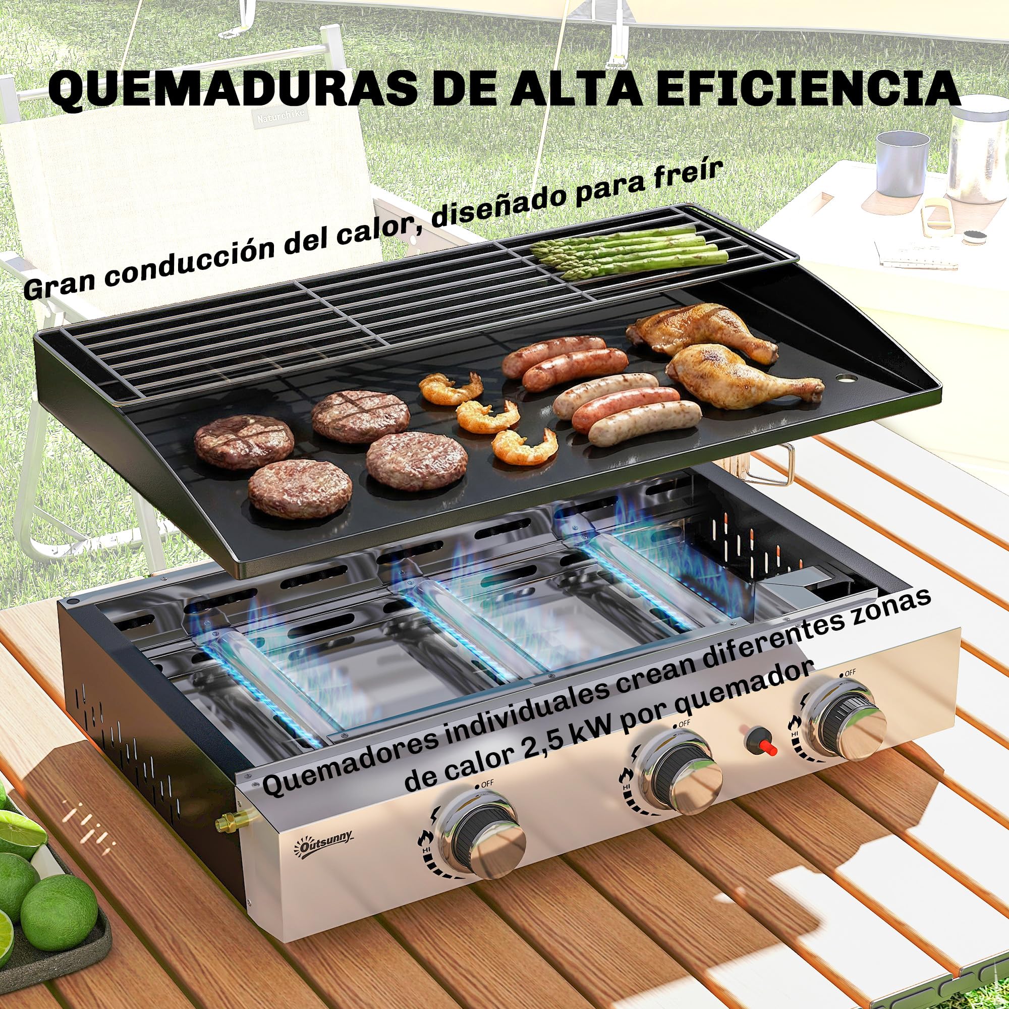 Outsunny Barbacoa de Gas BBQ Gas con 3 Quemadores 7,5 kW, Barbacoa Portátil con Plancha, Rejilla Calentadora y Recogedor Grasa, para Camping, Picnic, Terraza, Negro — view 3