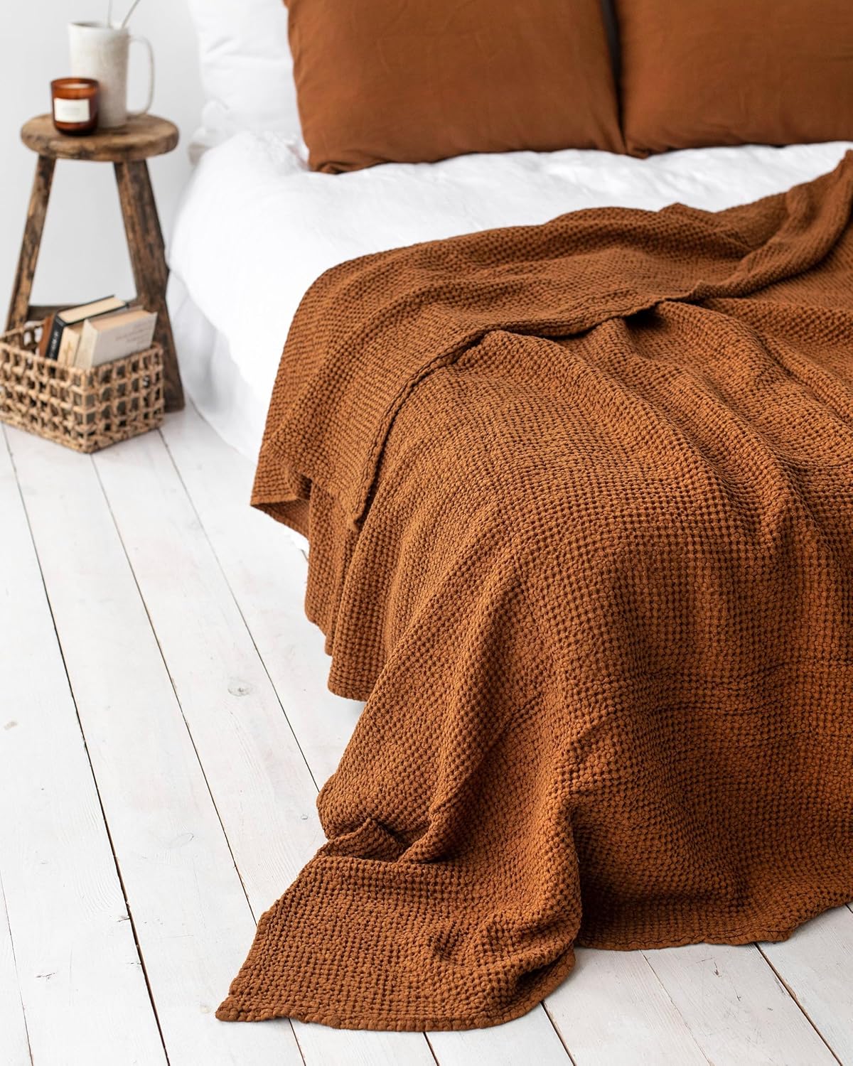 Magic Linen - Cinnamon Waffle Blanket 102x94 in Size, Stone Washed Linen Cotton Blend Bed Blanket, Breathable and Cooling Throw for Bed, Farmhouse Boho Lightweight Couch Throw - Image 3