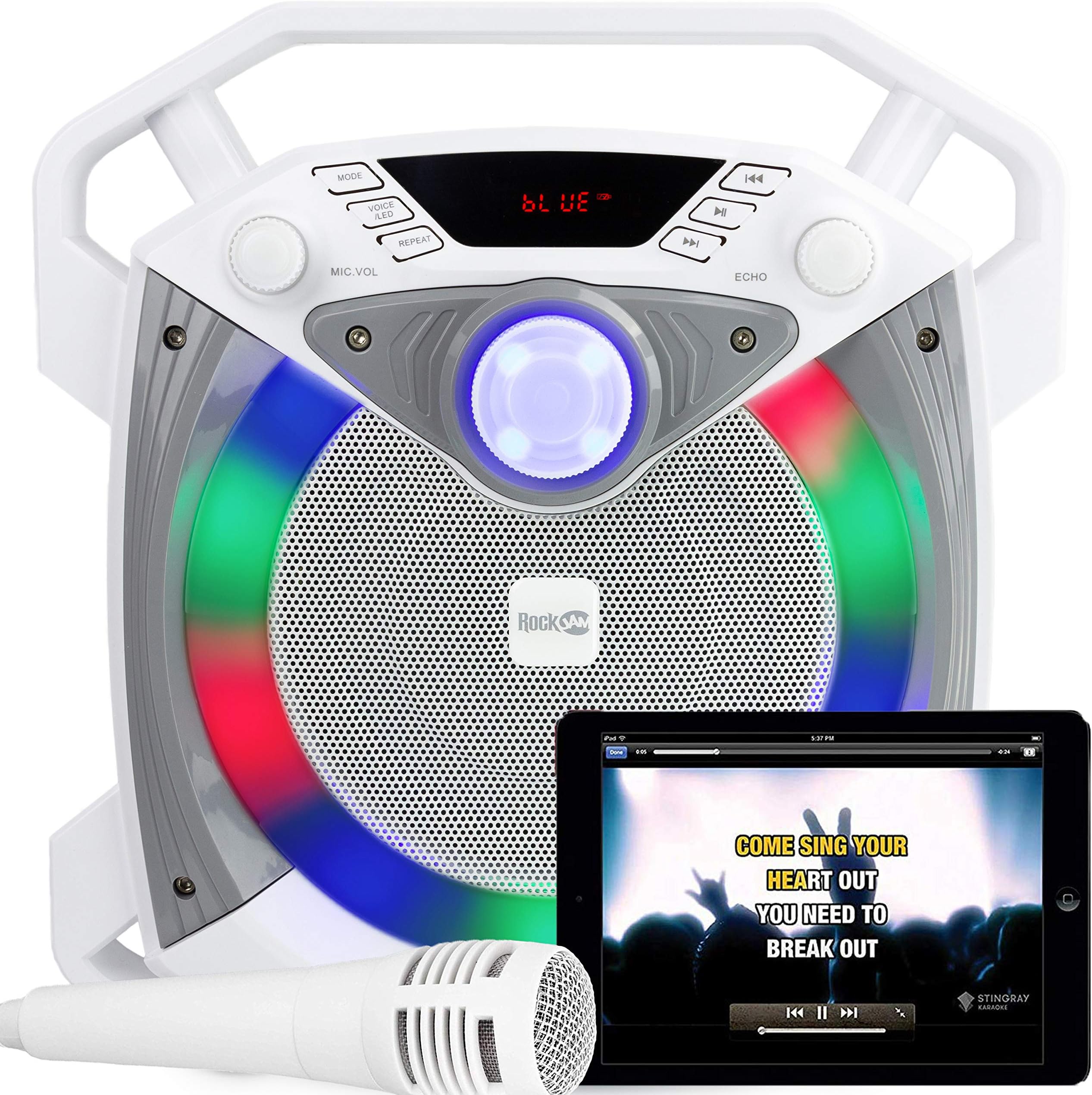 RockJam RJPS100 Singcube 12 Watt Rechargeable Bluetooth Karaoke Machine with Lights Voice Changer and Microphone