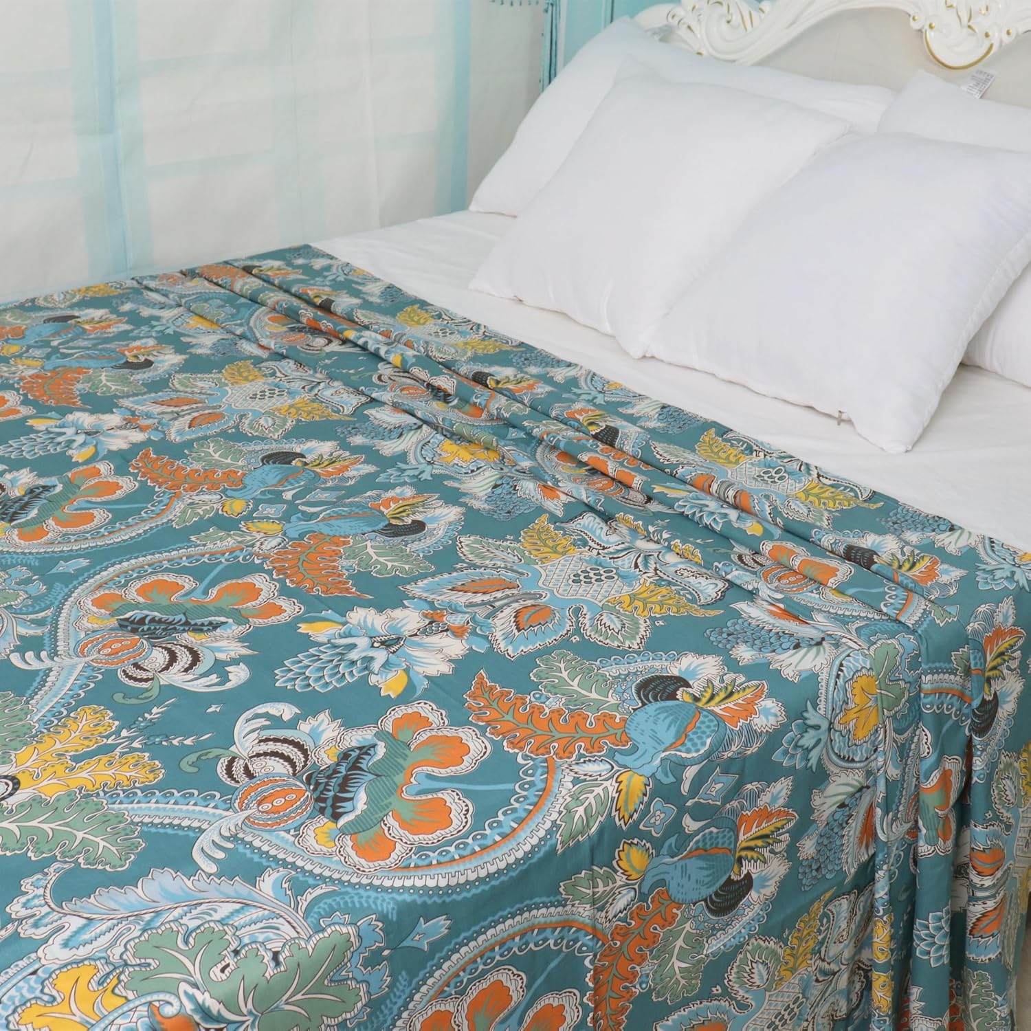 Teal Twin XL Flat Sheets Only Paisley Printed Breathable Pure Cotton Flat Bed Sheets Machine Washable Bedding Sheet Ultra Soft