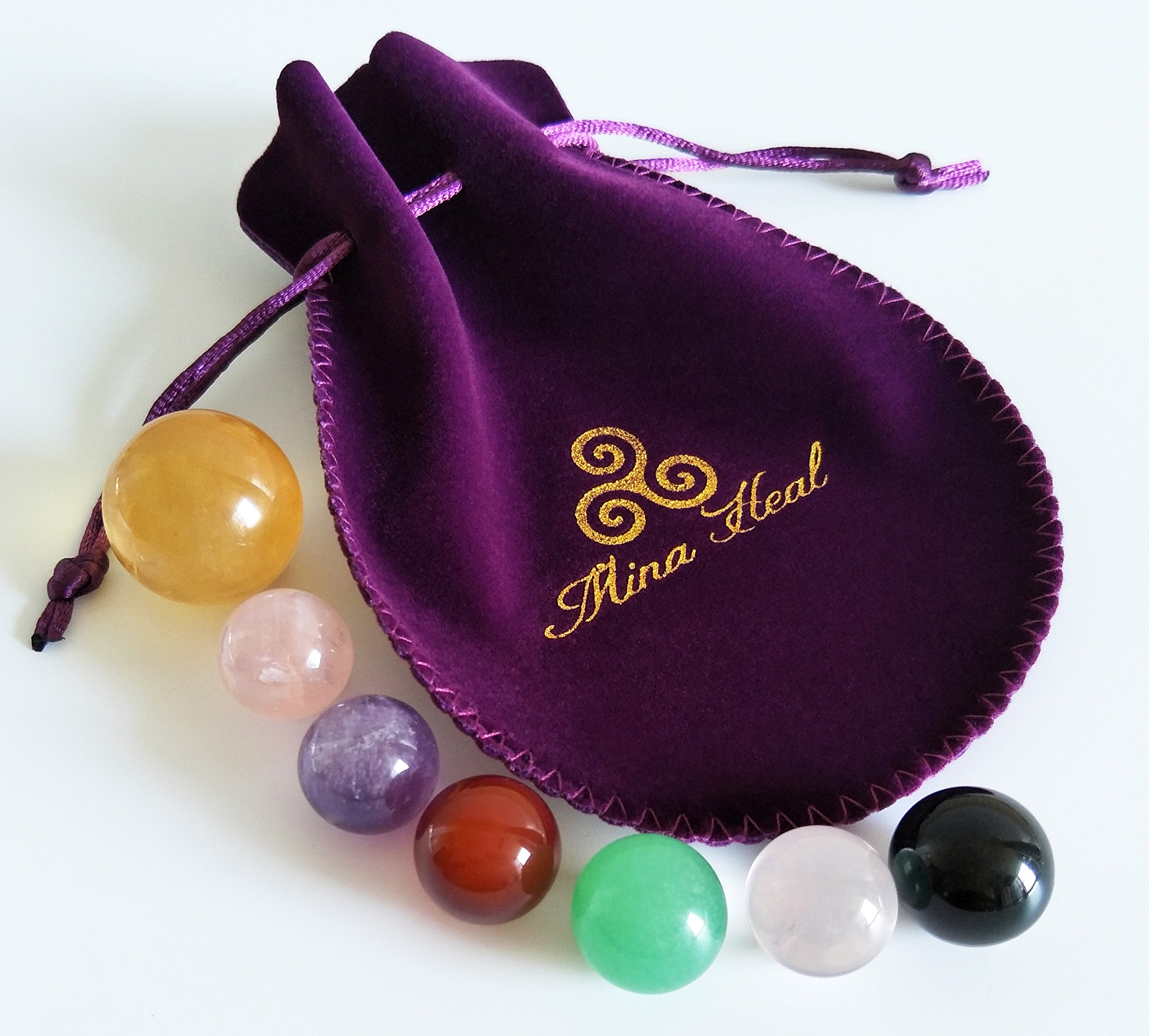 Set di 7 sfere in cristallo naturale realizzate in calcite gialla, ossidiana nera, quarzo rosa, quarzo chiaro, avventurina verde, ametista e agata rossa, pietre per chakra e fengshui