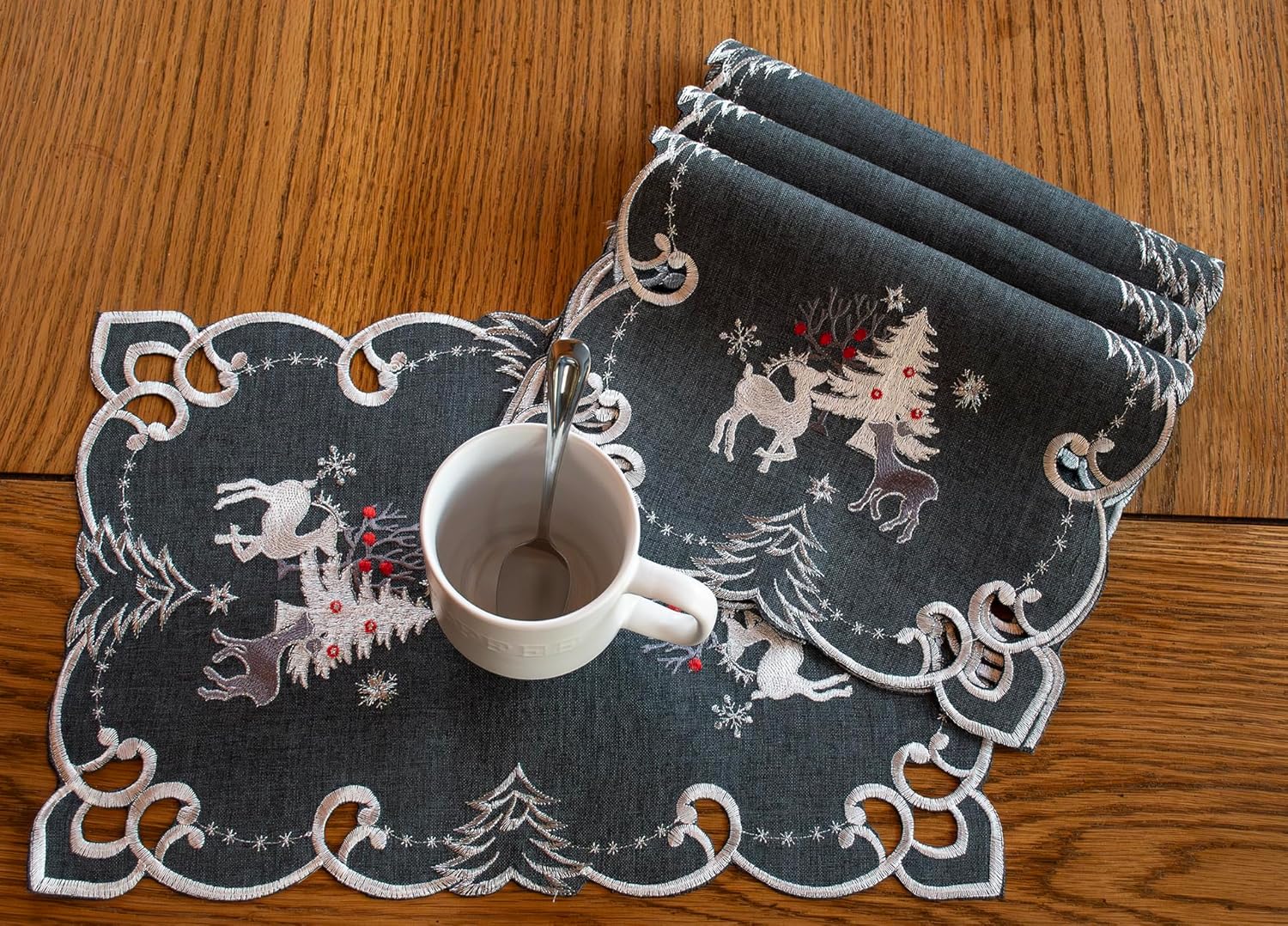 Embroidered Christmas Holiday Silver Reindeer & Christmas Scene on Dark Gray Rectangle Placemat Dresser Scarf (12.5 Wx17L Set of 4)