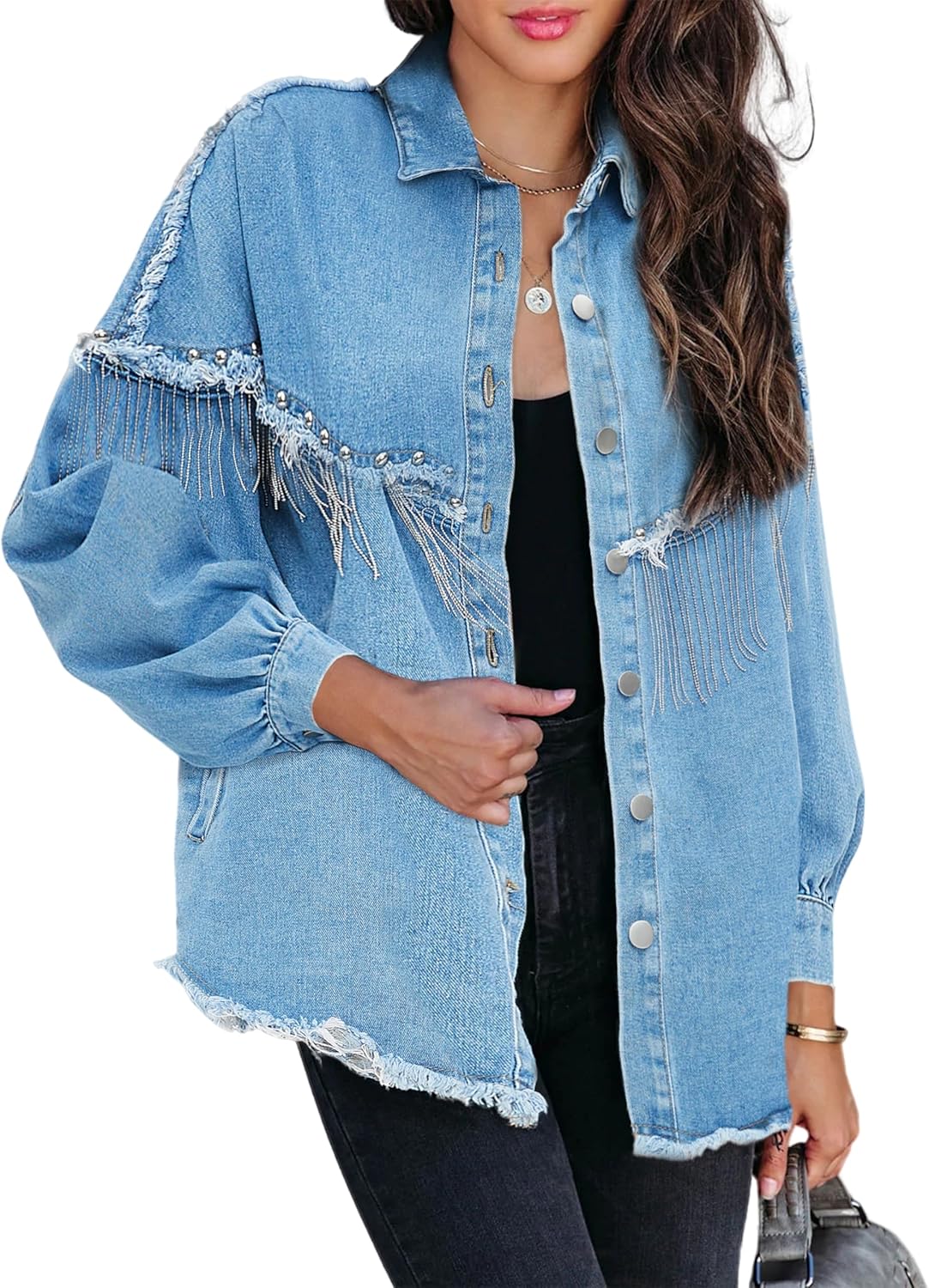 Daacee Oversized Fringe Denim Jacket for Women Frayed Sparkly Tassel Jean Jackets Cowgirl Western Country Concert Outfits