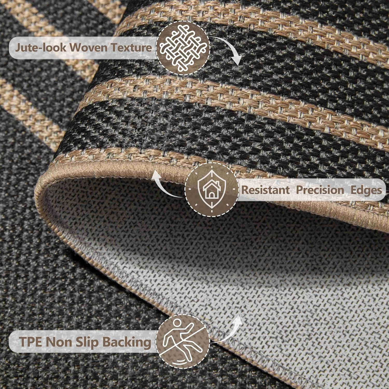 Latte&Fog Modern Easy Jute 5x7 Area Rugs, Washable Outdoor Patio Rug for Living Room, Black and Brown Contemporary Non Slip Natural Indoor Carpet for Bedroom Backyard Office Dining Room