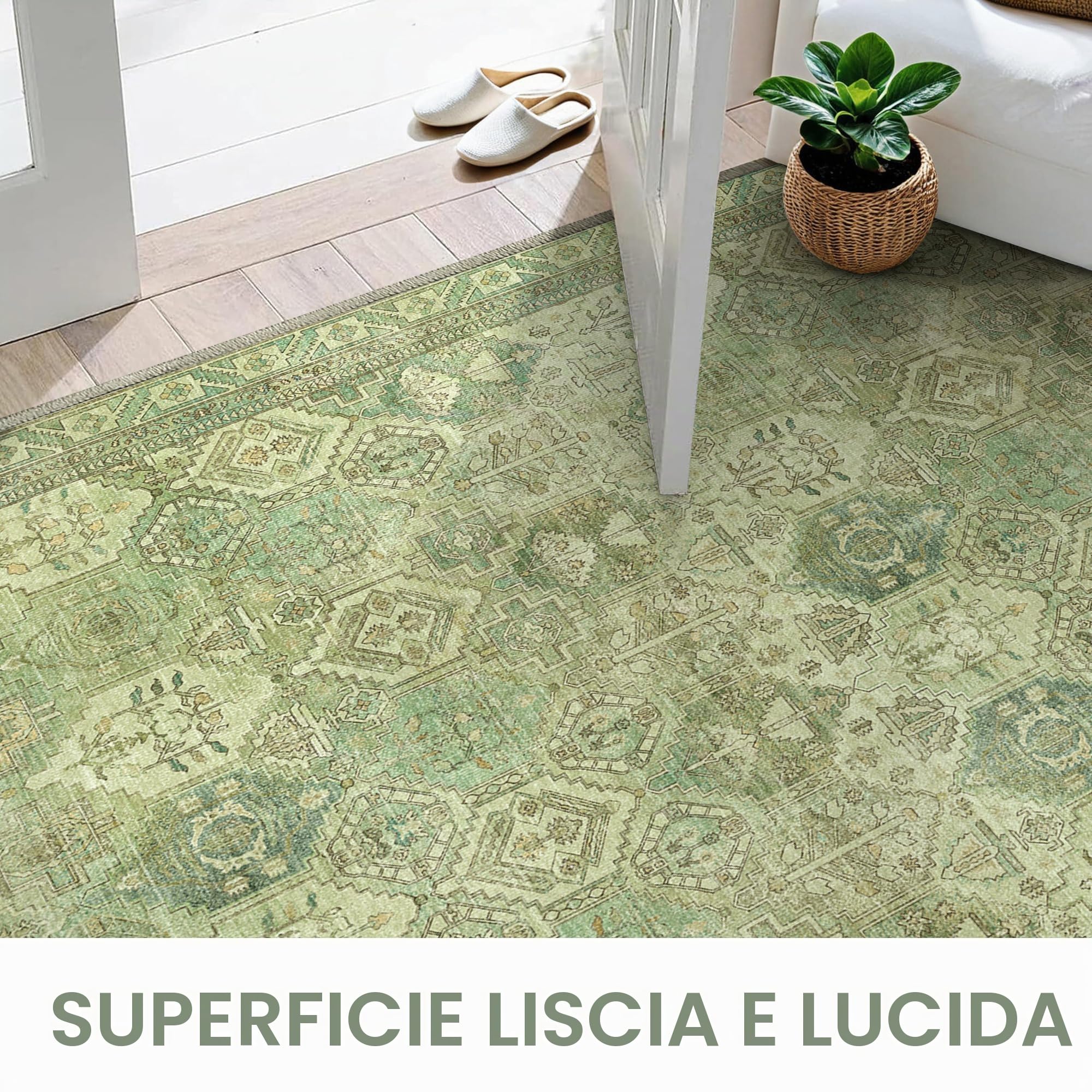 BEIMO Tappeto Salotto Vintage, Tappeti Ingresso Interno, Tappeto Antiscivolo Lavabile, Grandi Tappeti Persiano per Cucina, Camera Da Letto, Ufficio, Bambù Verde, 200x290cm