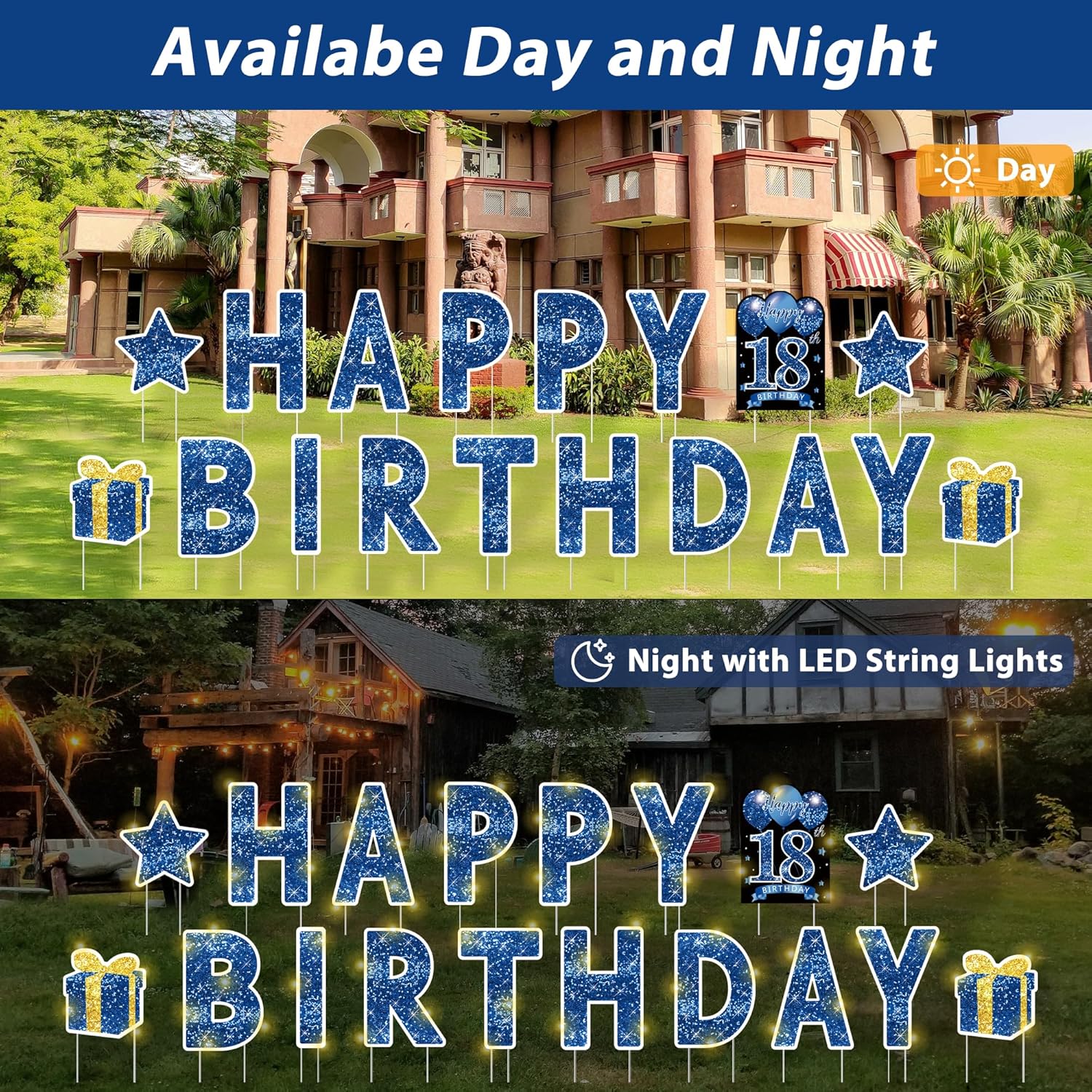 18 Pcs Happy Birthday Yard Sign with Stakes, Happy Birthday Yard Sign with 49.2 Ft LED Light, 16 In Large Personalized Blue Happy Birthday Sign, Waterproof Lawn Garden Birthday Party Decorations
