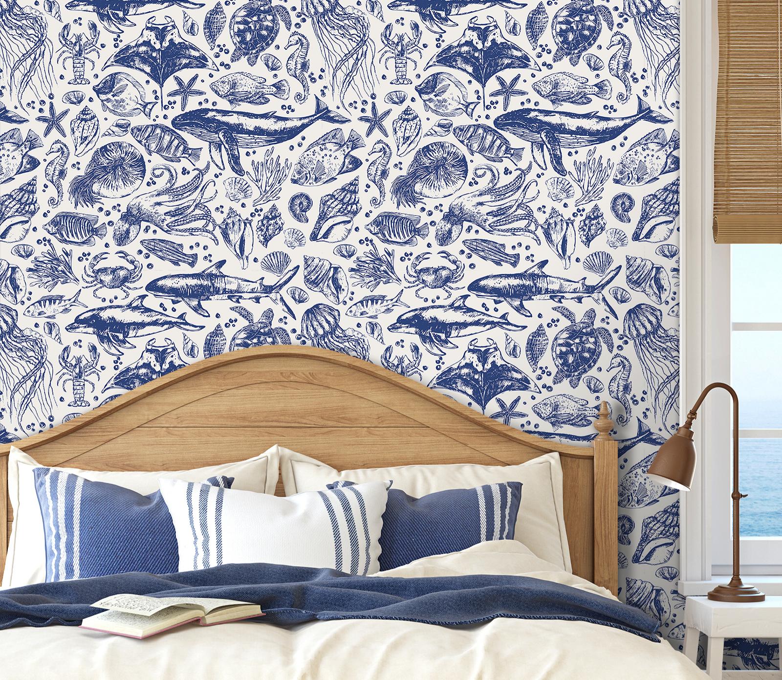 Livelynine 17.5x276 Navy Coastal Peel and Stick Wallpaper Blue