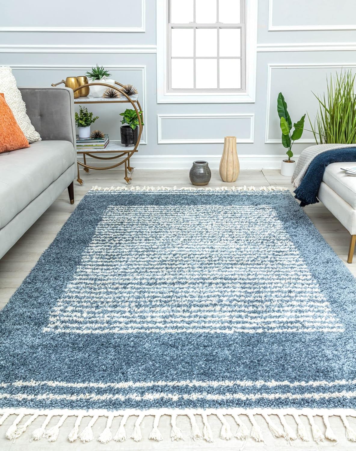Rugs America BT35C Hidden Oasis Stripe Shag Blue Non-Shedding Living Room Bedroom Dining Home Office Area Rug, 2'6" x 4'