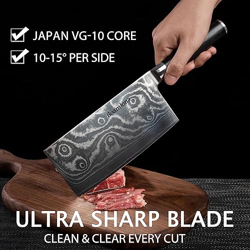 Miniatura 4 de Cleaver Knife 7-inch Meat Vegetable Knife Japanese VG10 Steel Core Damascus Kitchen Chopping Knifew Sheath - Ergonomic Full Tang G10 Handle - with