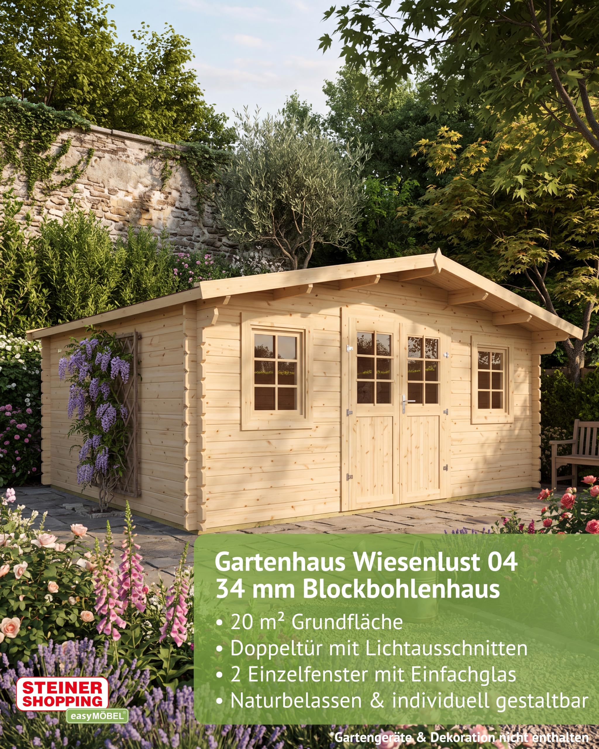 Steiner Shopping Gartenhaus Wiesenlust 04 I 34 mm Blockbohlenhaus aus naturbelassenem Holz I Außenmaß 500 x 440 cm I Großes Gartenhaus mit Satteldach, Doppeltür & 2 Fenstern