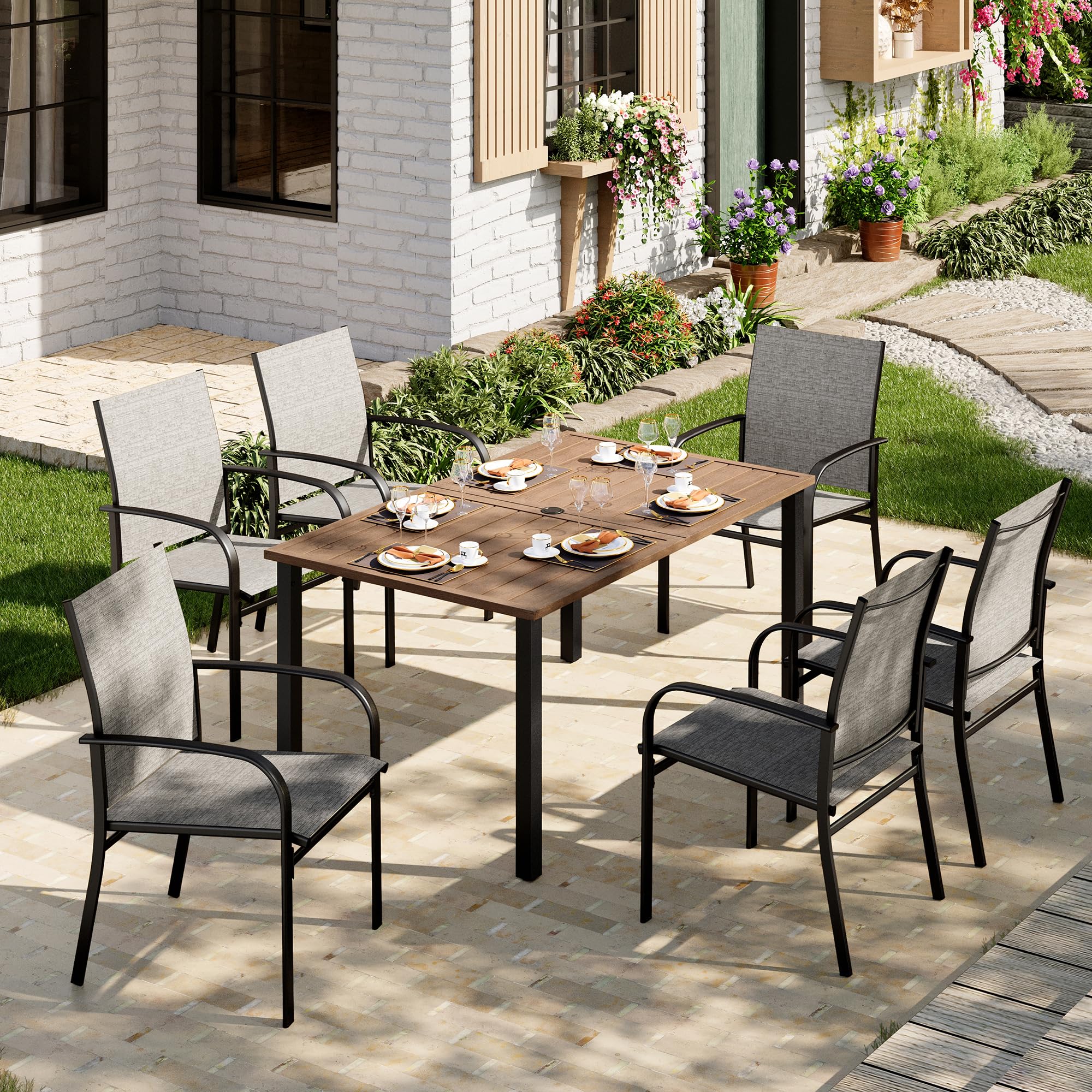 MIXPATIO Patio Table and Chairs Set, Outdoor Dining Set for 6 with Brown Chairs and Teak Color Tabletop Outdoor Dining Table, 7-Piece Patio Furniture Set for Deck Backyard Lawn