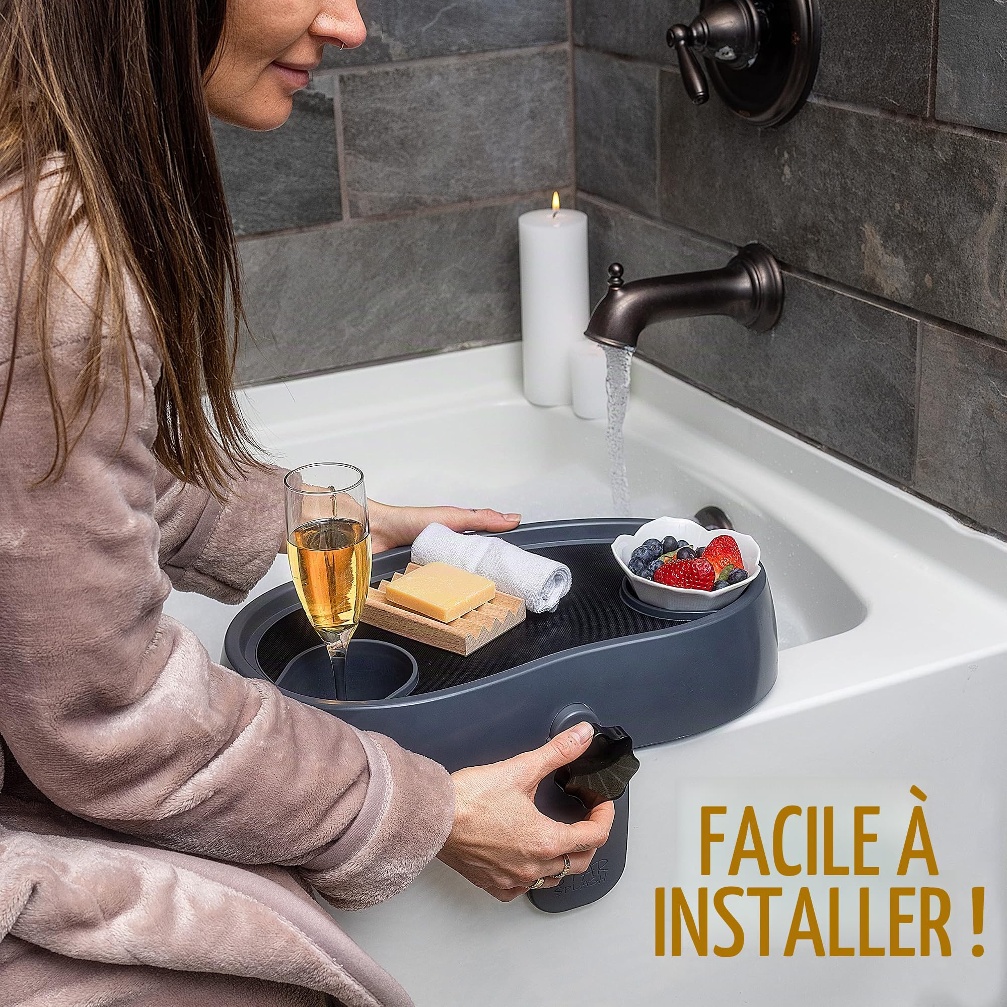 Star Splash Plateau Réglable pour Jacuzzi - Table d'Appoint Antidérapante & Robuste avec Porte Verres - Se Fixe sur Les Rebords de Baignoire, Bain à Remous Hors Sol & Spa - 43 x 25 x 10 cm