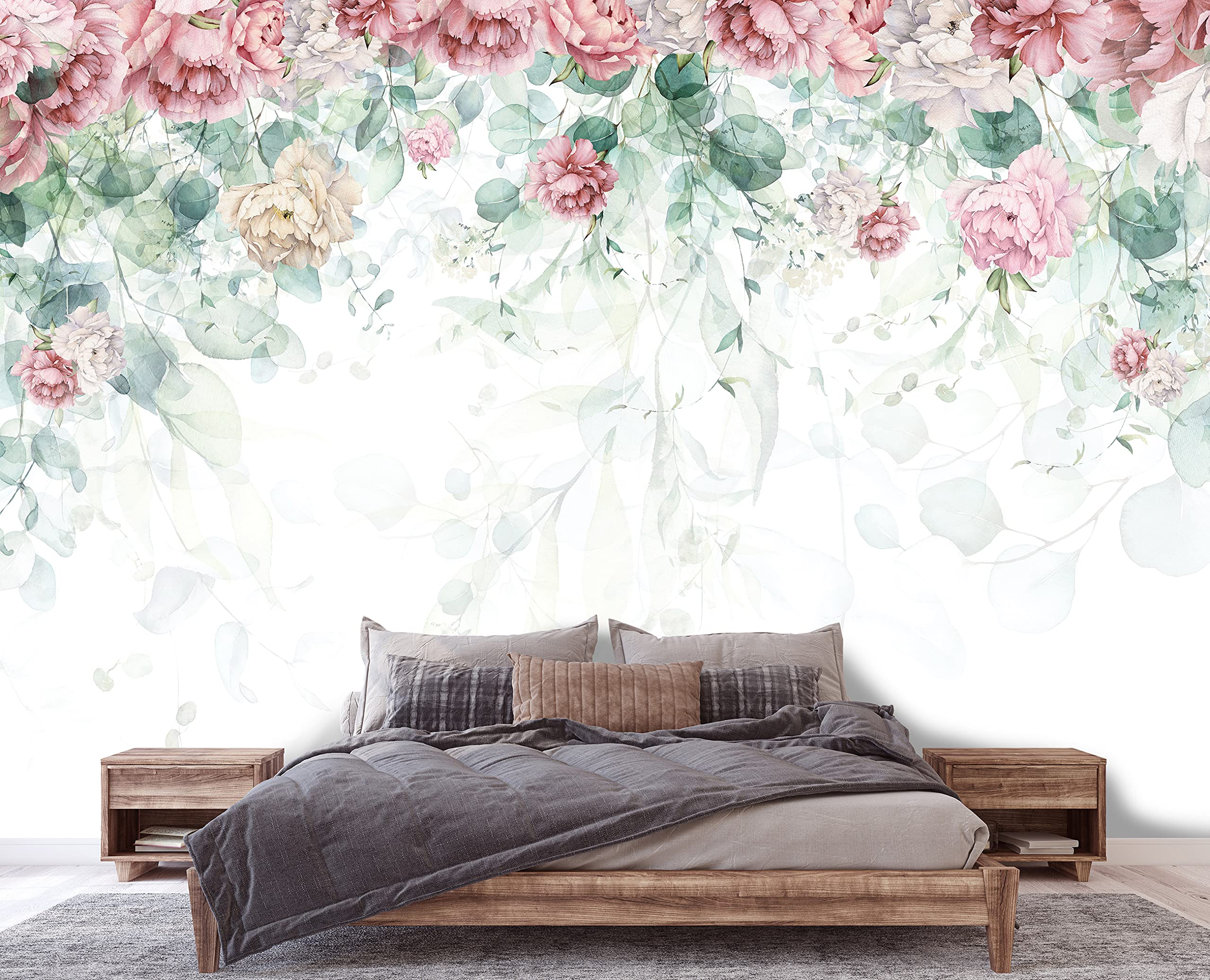 WallArena Carta Da Parati Fotografica Fiori Foglie Verde Rosa - Include Colla - Moderna Design Carta per Pareti Soggiorno Camera Da Letto Sala Fotomurali In Tessuto Non Tessuto TNT (368x254 cm)
