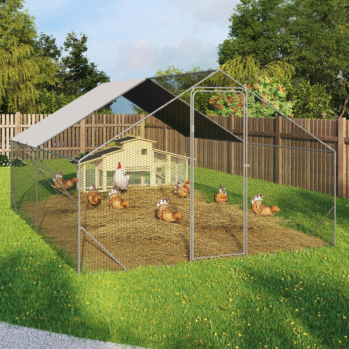 IDMarket – Recinto gallinero 12 m² 4x3 M con percha grande 4 niveles de madera, acero galvanizado