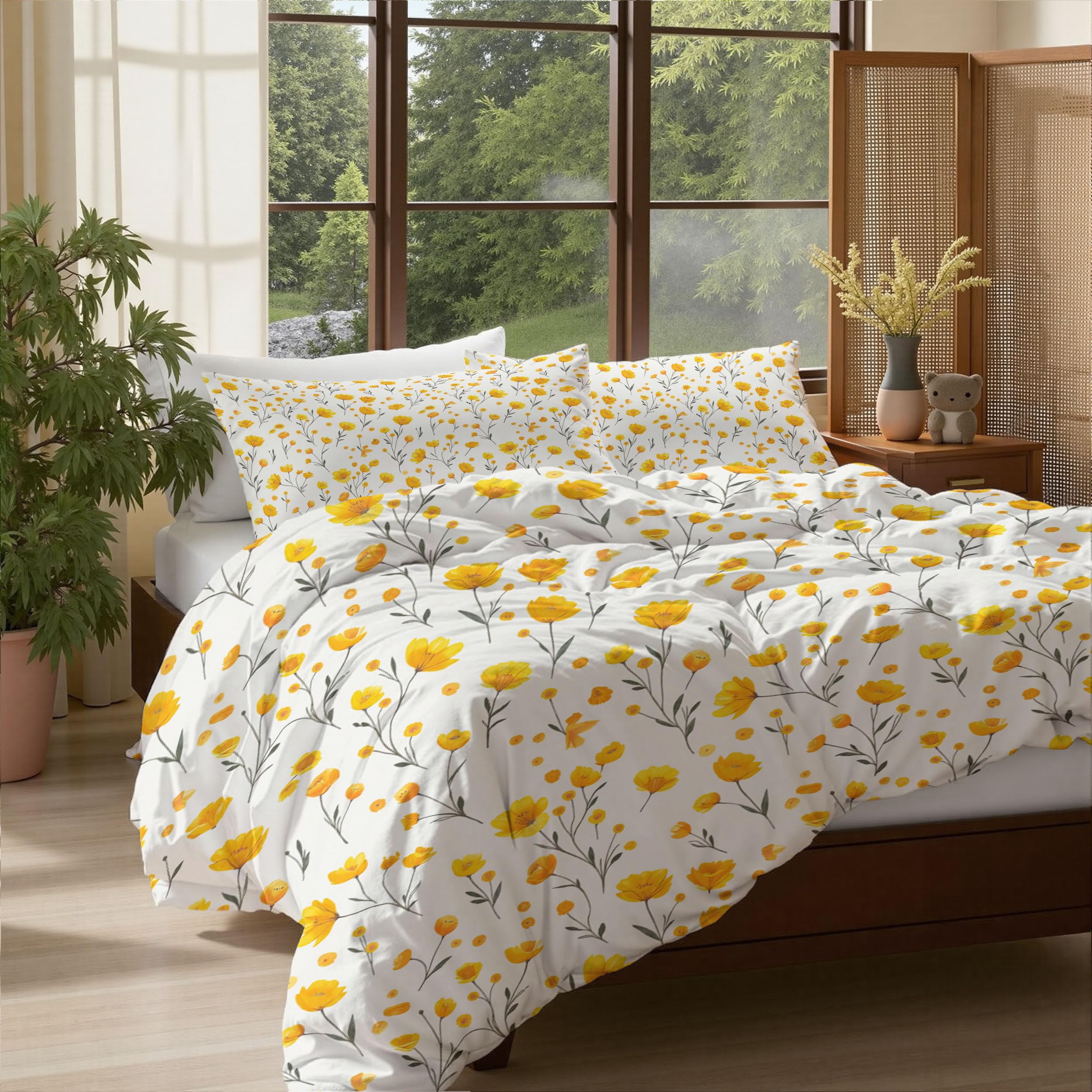 Parure de lit 2 personnes avec housse de couette 220x240cm fleurs et taies d'oreiller