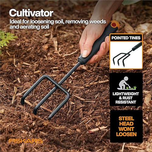 Miniatura 3 de Fiskars Juego de herramientas de jardín de verduras con tijeras de verduras, sembrador de semillas, paleta, cultivador, desbrozadora y guantes de