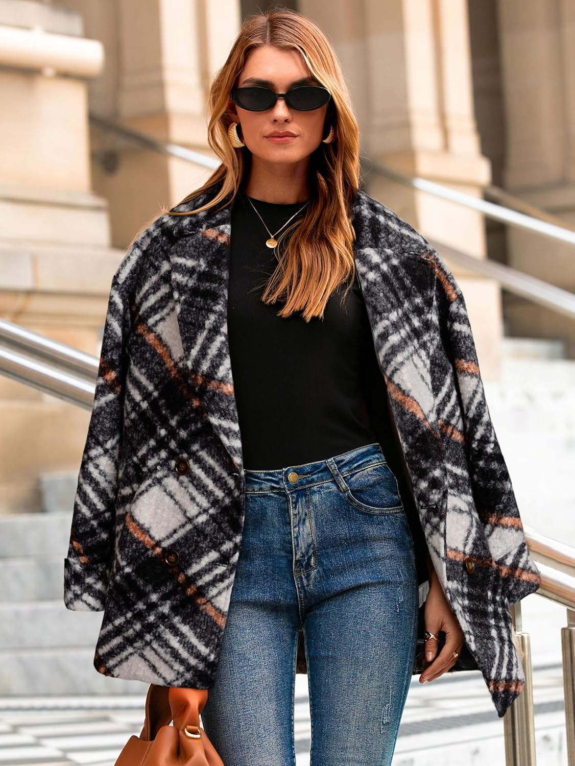 Glamaker Womens Winter Lapel Collar Plaid Jacket Double Breasted Work Pea Coat Jackets Casual Trendy - Image 4