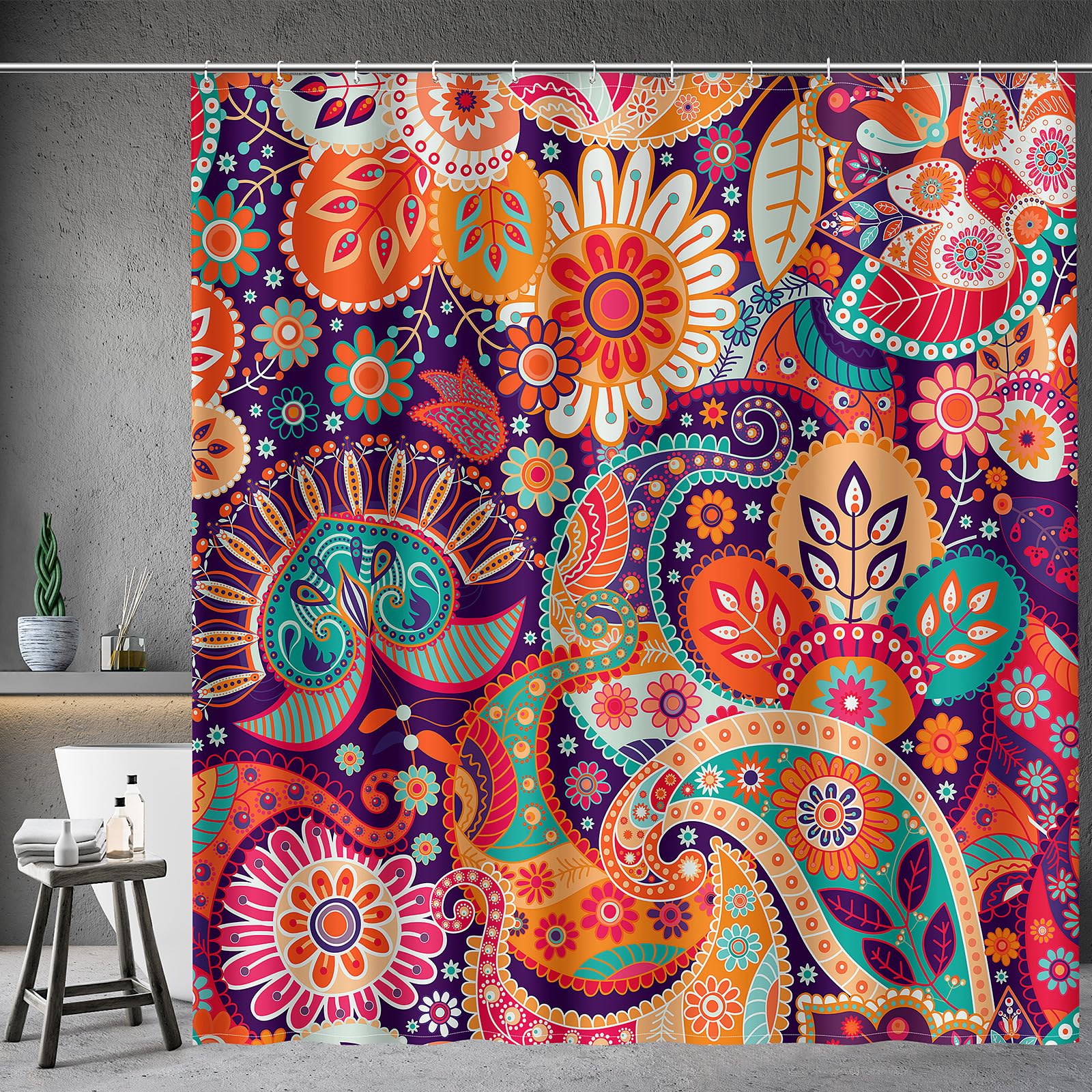 Aimego Boho Paisley Floral Shower Curtains - Mandala Indian Bohemian Colorful Flowers Bath Shower Curtain Set with 12 Hooks for Adults Kids Bathroom