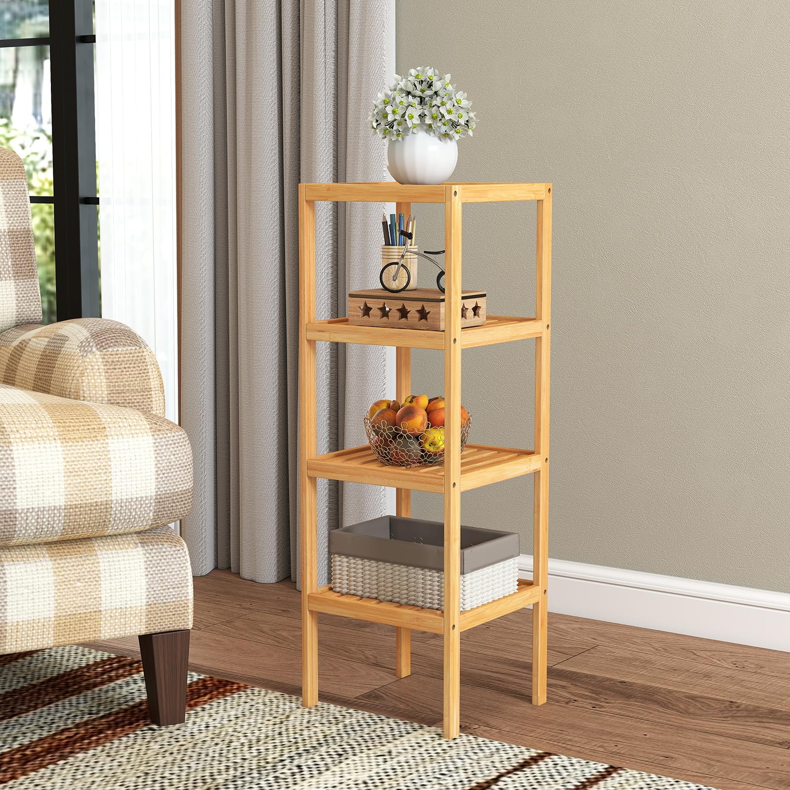 kinbor Bamboo Bathroom Storage Shelf Freestanding, 4 Tier Shelving Unit Corner Rack for Bathroom
