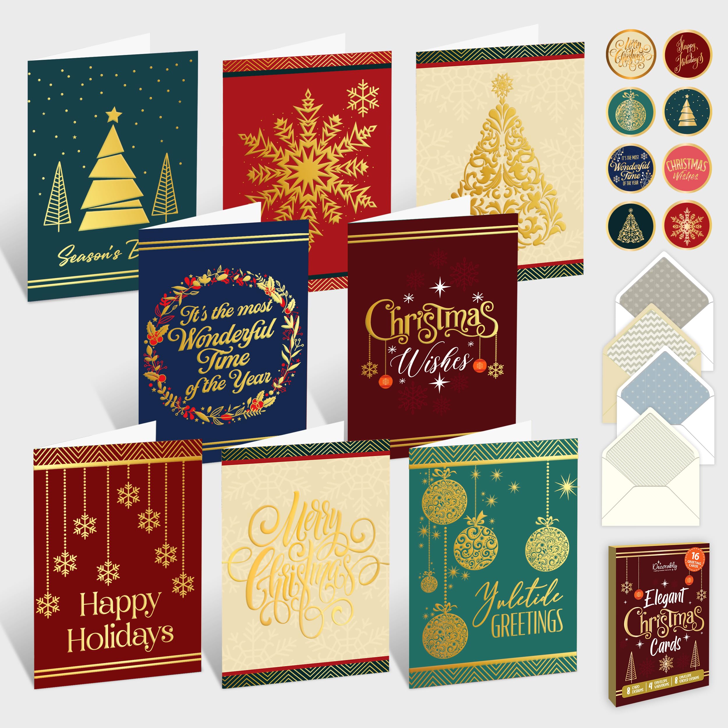 Decorably 16 Pack Gold Foil Embossed 5x7in Merry Christmas Cards with Envelopes and Stickers, 8 Elegant Designs Assorted Box of Christmas Cards with Envelopes, with Printed Message Inside