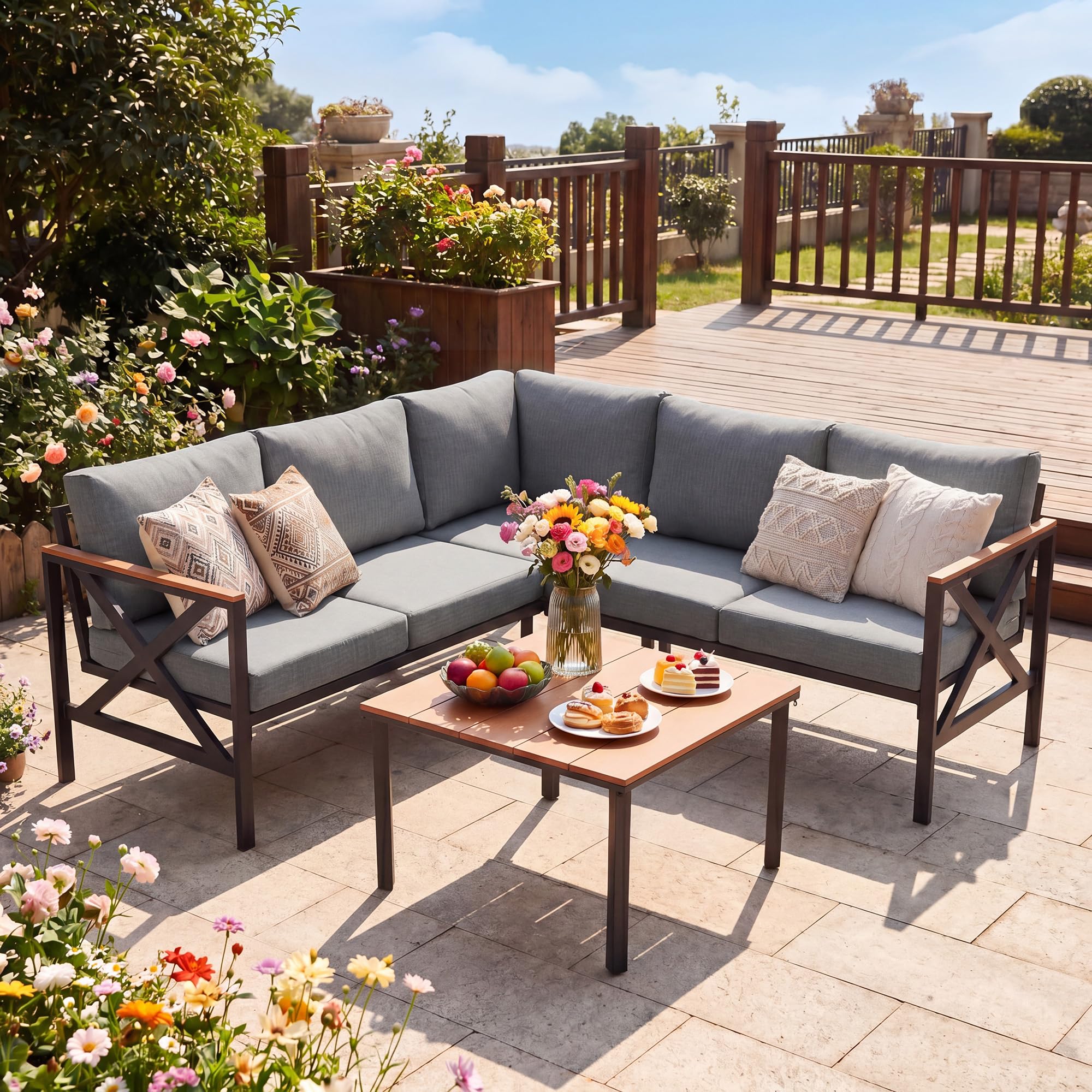 Metal Gartenmöbel Set,6-Teiliges,L-Form Outdoor Sofa mit Couchtisch und 10cm Olefin-Schaumstoffkissen,Wetterfest Lounge für Garten,Terrasse,Pool,Unterhaltungssets bis 6 Personen,Grau