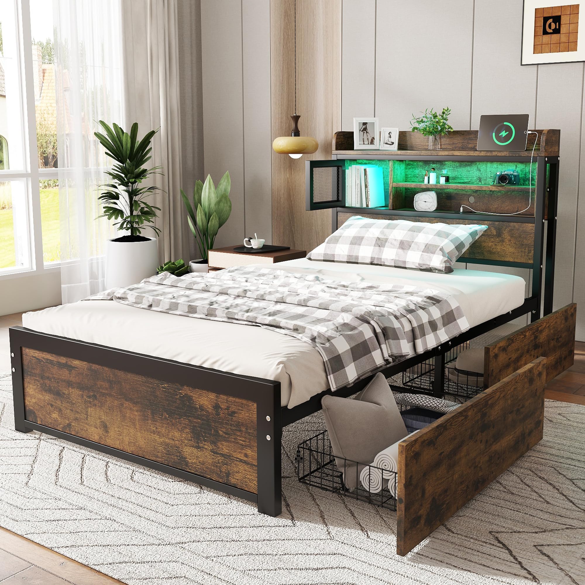 Merax 3FT Single Bed Storage Bed 90x190cm with LED, 2 Drawers & 3 USB Charging Ports, Durable Iron Frame, Multifunctional Bed for Teens & Adults, Black & Wood Colour - without Materss