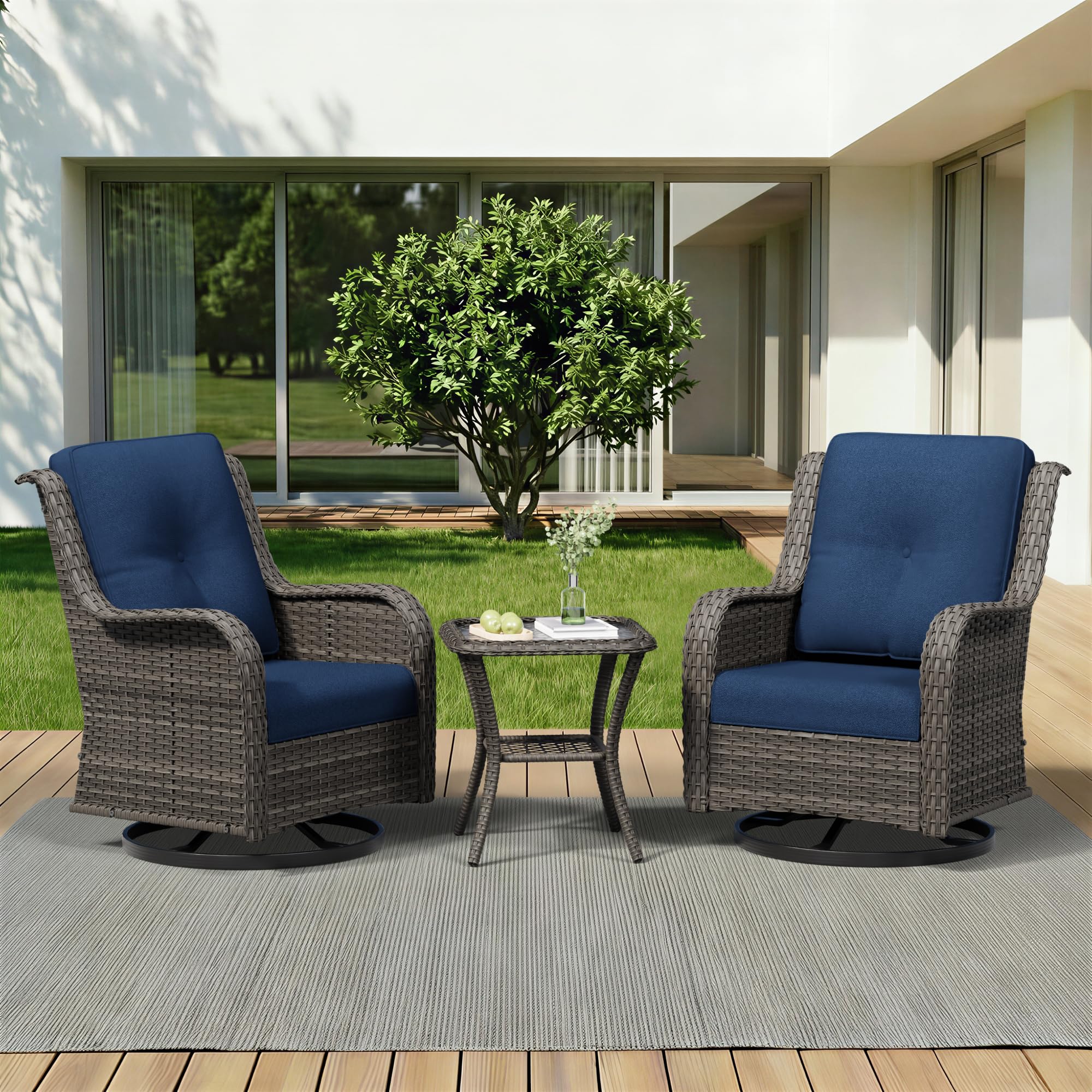 3 Piece Outdoor Wicker Patio Furniture Set, Swivel Rocker Patio Chairs Set with Thickened Olefin Cushions, High Back and Deep Seating, Hand-Woven PE Rattan for Porch, Deck