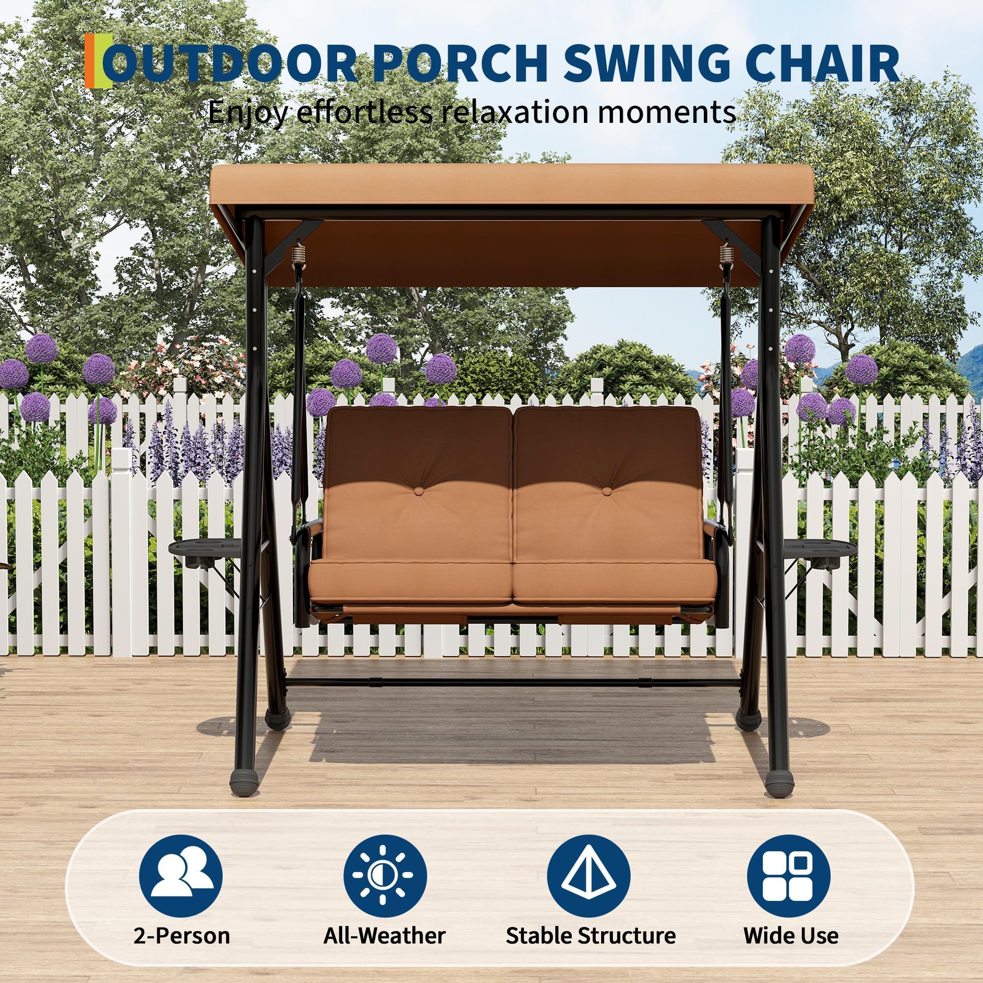 Hollywoodschaukel 2-Sitzer Mit Verstellbarem Sonnendach & Standgestell, Gartenschaukel Mit Abnehmbarem Kissen, Getränkehaltern & Klapptisch, Wasserabweisend Für Terrasse Garten, Bis 280kg, Braun