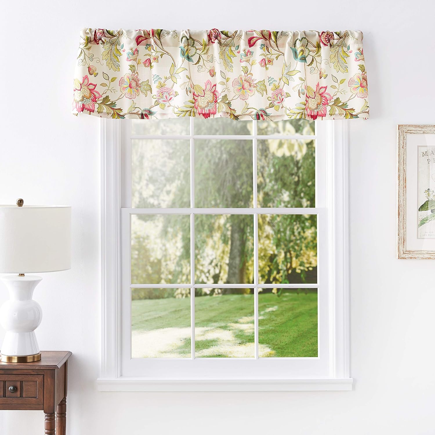 Red Floral Textured Polyester Rod Pocket Valance