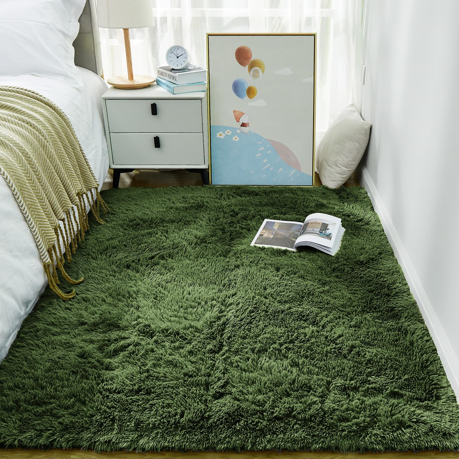 Ophanie Gray Green Grass Area Rugs for Bedroom, 3x5 Shag Fluffy Carpet, Fuzzy Furry Plush Soft Cute Kids Baby Shaggy Bedside Floor Rug for Teen Dorm Home with Over 99 pcs Pile fibers