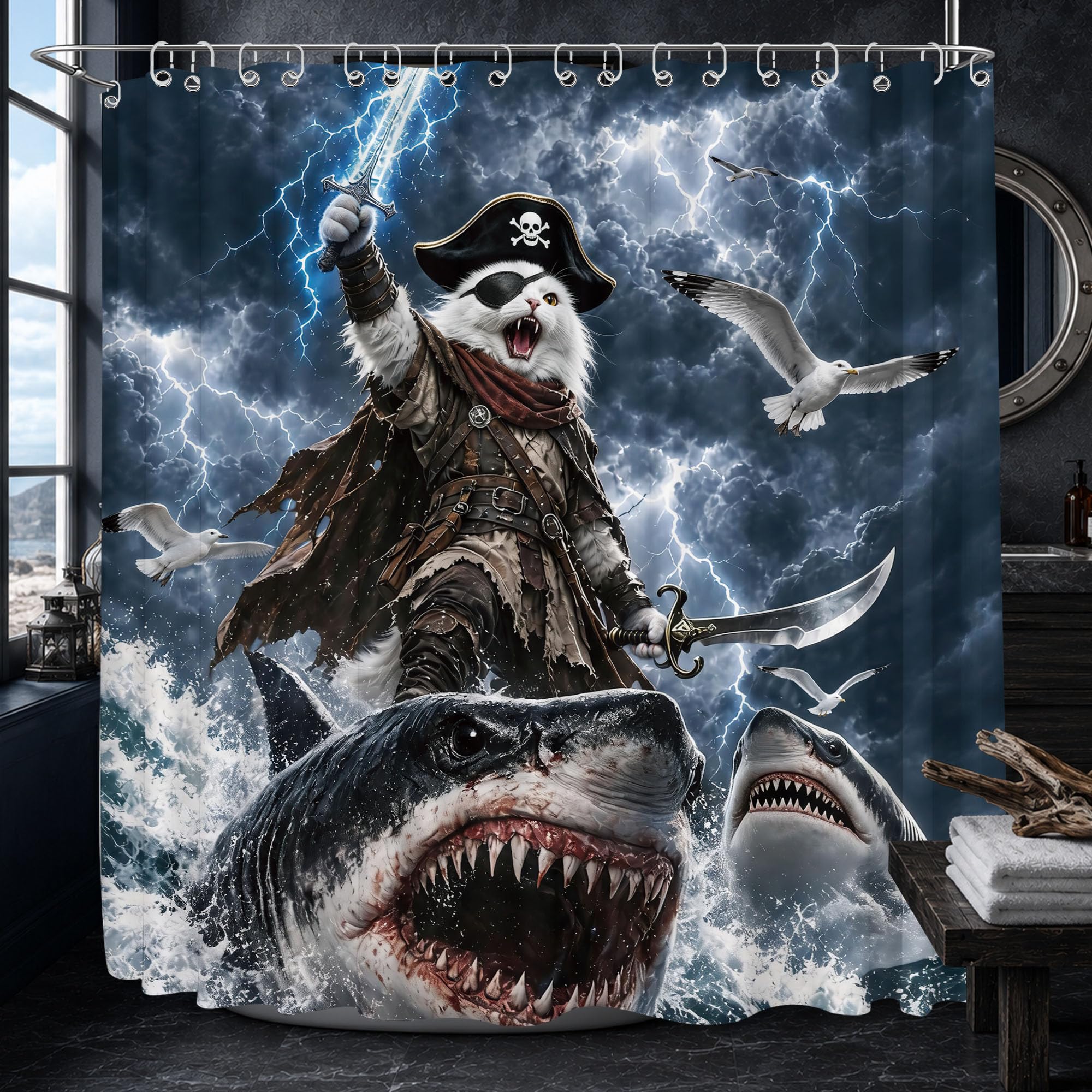 Funny Cat Riding Shark Shower Curtain, Extra Long 108x72 in, Kids