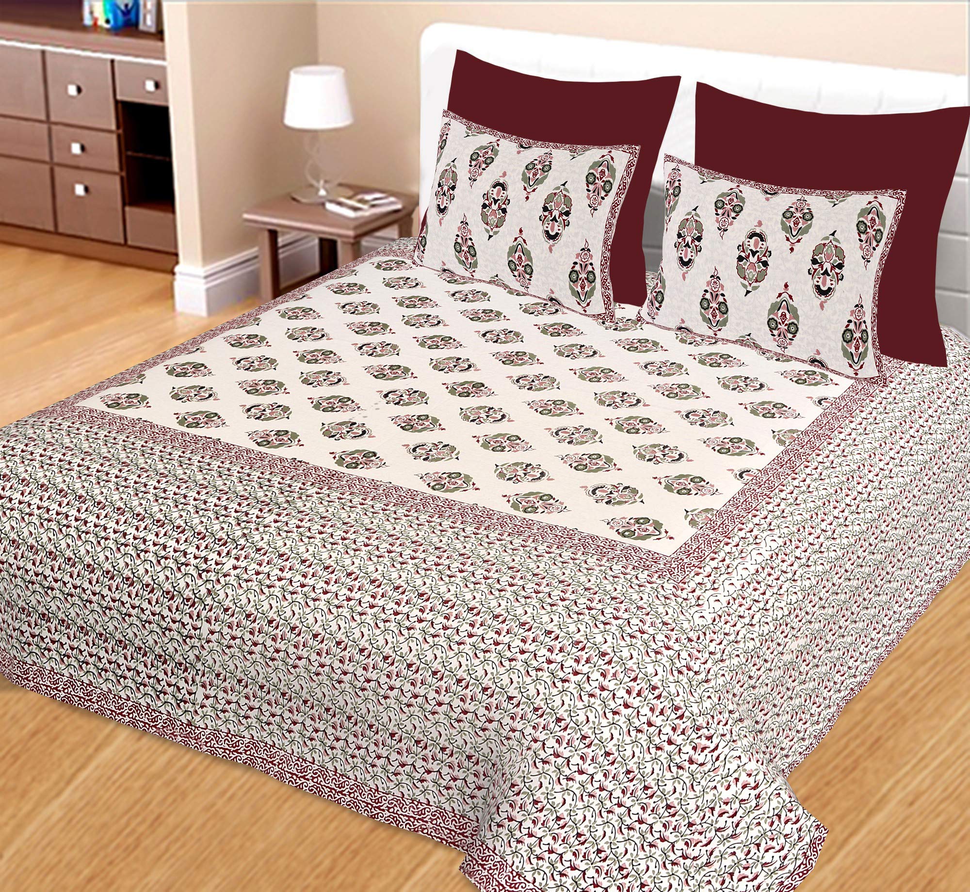 10 11 Cotton 240 TC Floral Hand Printed King Size Brown Double Bed 1 Bed Sheet with 2 Pillow Cover (Size-228X274Cm)