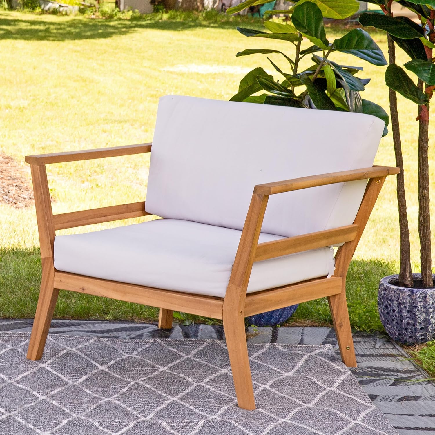 Sunnydaze Outdoor Accent Chair with Arms - Bodie Acacia Wood Club Chair for Patio - Reading Armchair with Cushions for Outside - Bone White Cushions