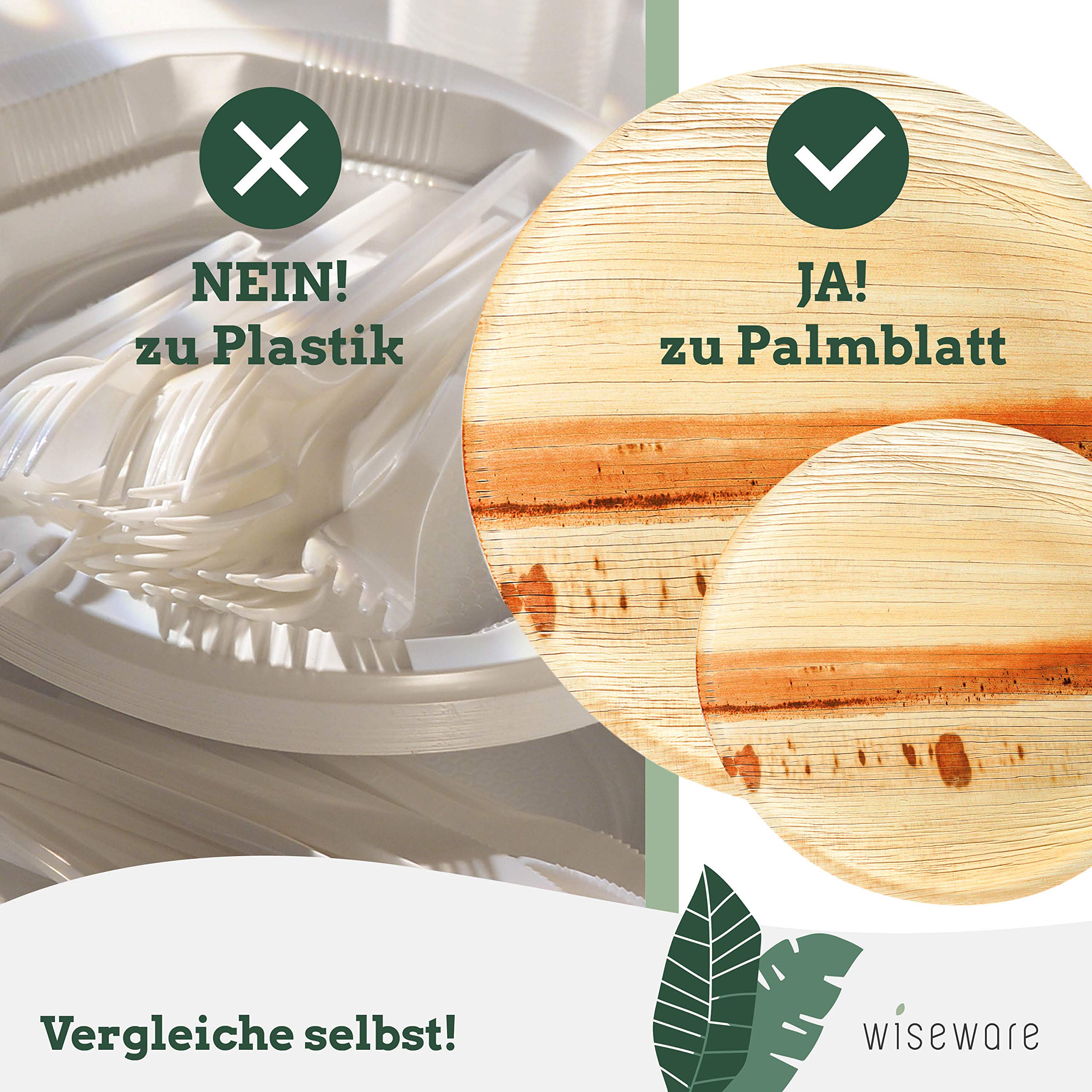Wiseware Piatti in foglia di palma, 200 pezzi, piatti usa e getta, rotondi, Ø 20 cm, stoviglie biodegradabili in foglia di palma, stoviglie compostabili, stoviglie monouso biologiche