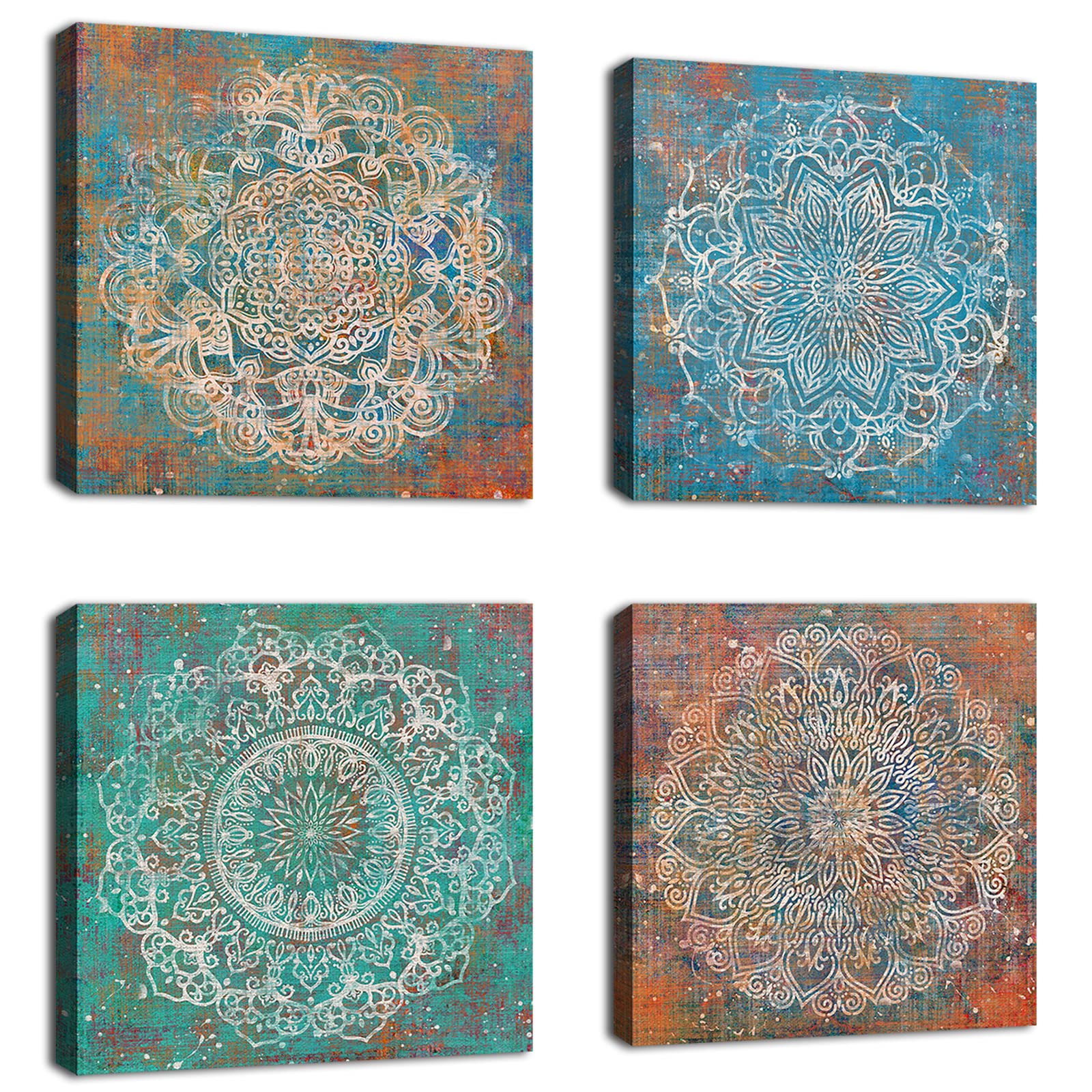 Vintage Flower Pattern Canvas Wall Art for Bedroom Wall Decor Rustic Bohe Floral Pictures Orange Farmhouse Geometric Canvas Prints Artwork for Bathroom Living Room Office Decoration Set of 4 16" X 16"