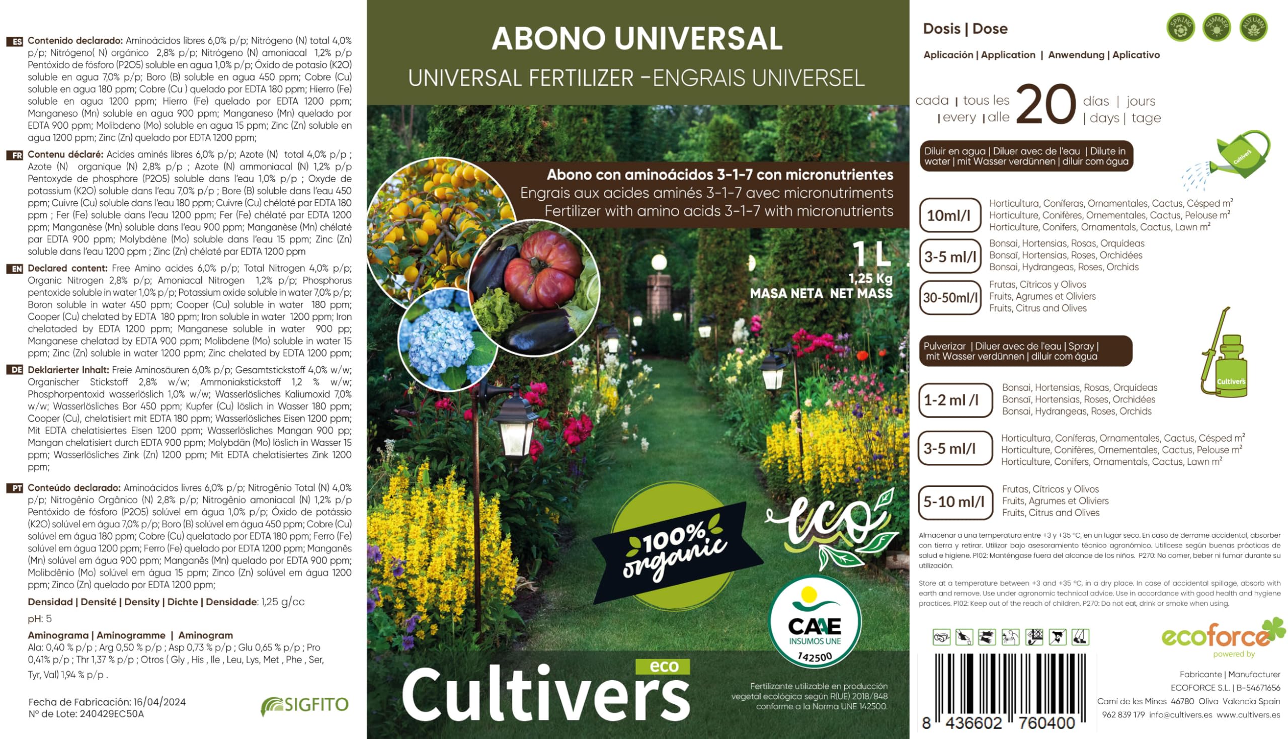 CULTIVERS Fertilizante Universal Ecológico Líquido 10 L | Abono NPK 4-1-7 con Aminoácidos y Micronutrientes (B, Cu, Fe, Mn, Mo y Zn) | Uso en Huerto, Jardín y Plantas, Apto Agricultura Ecológica