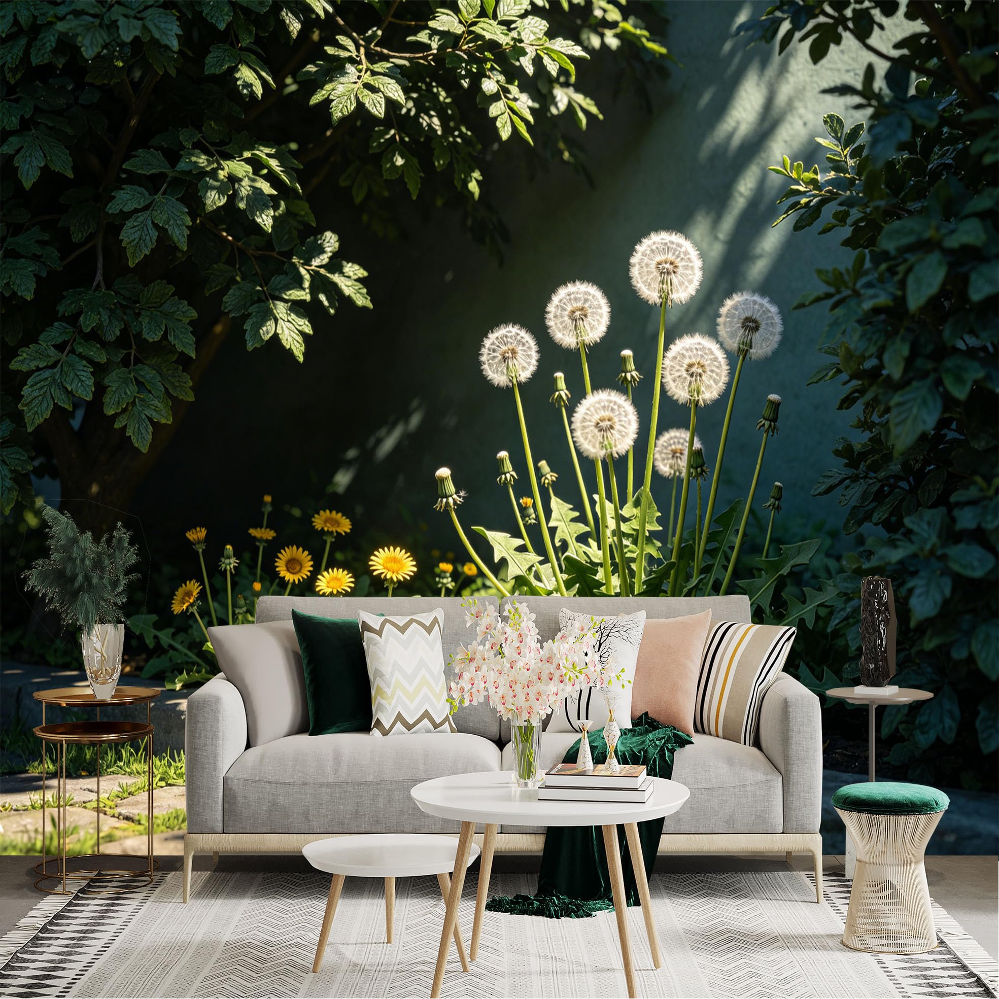 Lnzczhyre Dbh260521199 Custom Size Wall Sticker Mural， White Fluffy Dandelion Seeds， Yellow Spring Flowers， Sunlit Botanical Garden， Nature Plant Scene， For Wall Decoration， Peelandstick Wall Decals.
