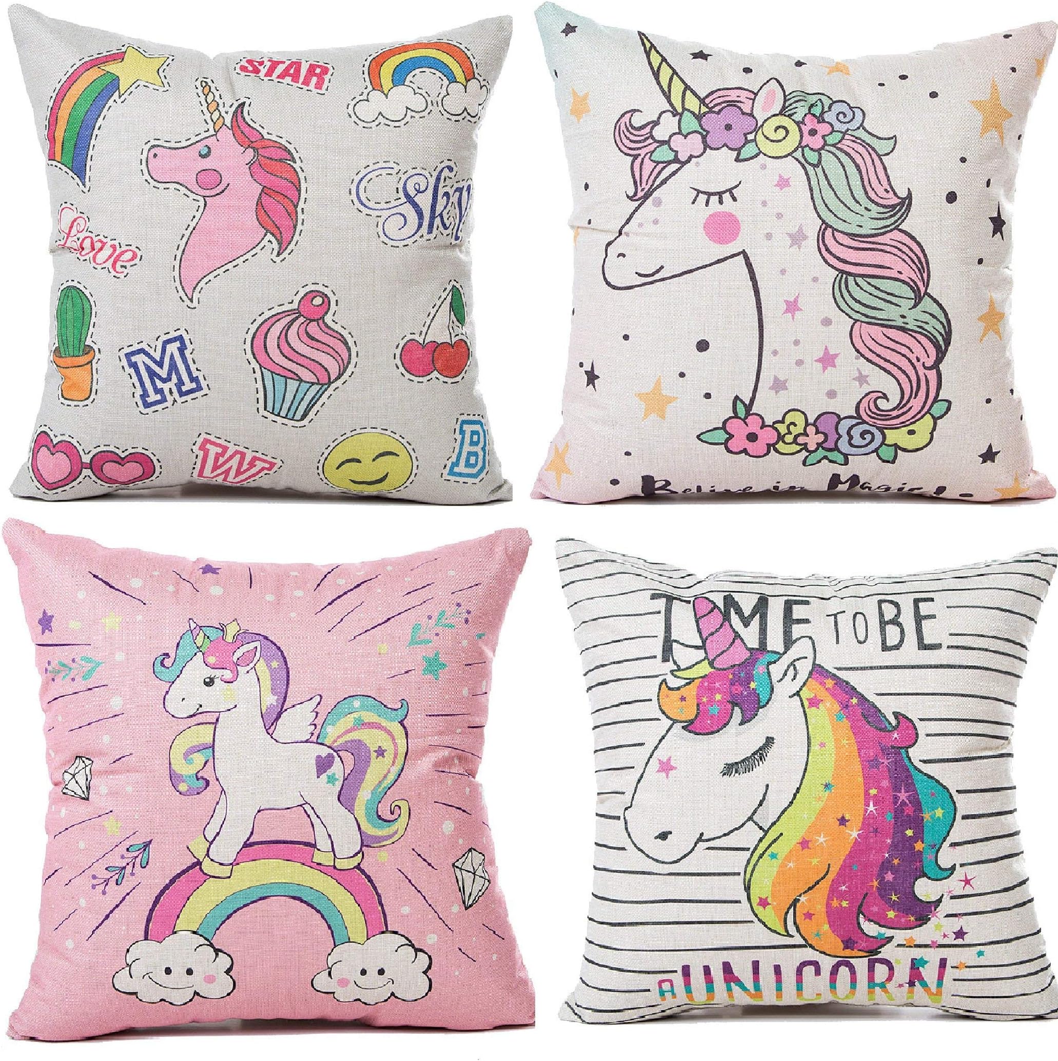 HL HLPPC Unicorn Pink Pillow Covers Square 18 x 18 Inches Cotton Linen Cushion Cover Perfect for Home Decorative