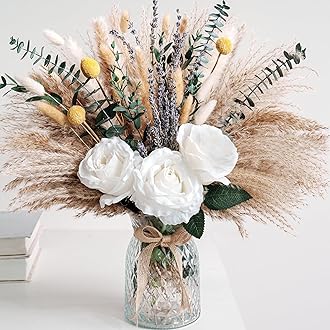 Elegant Dining Table Centerpiece Decor – Faux Flower Arrangement in Vase with Pampas Grass, White Roses, and Eucalyptus – Artificial Floral Decor for Dining Room Table, Kitchen, and Living Room
