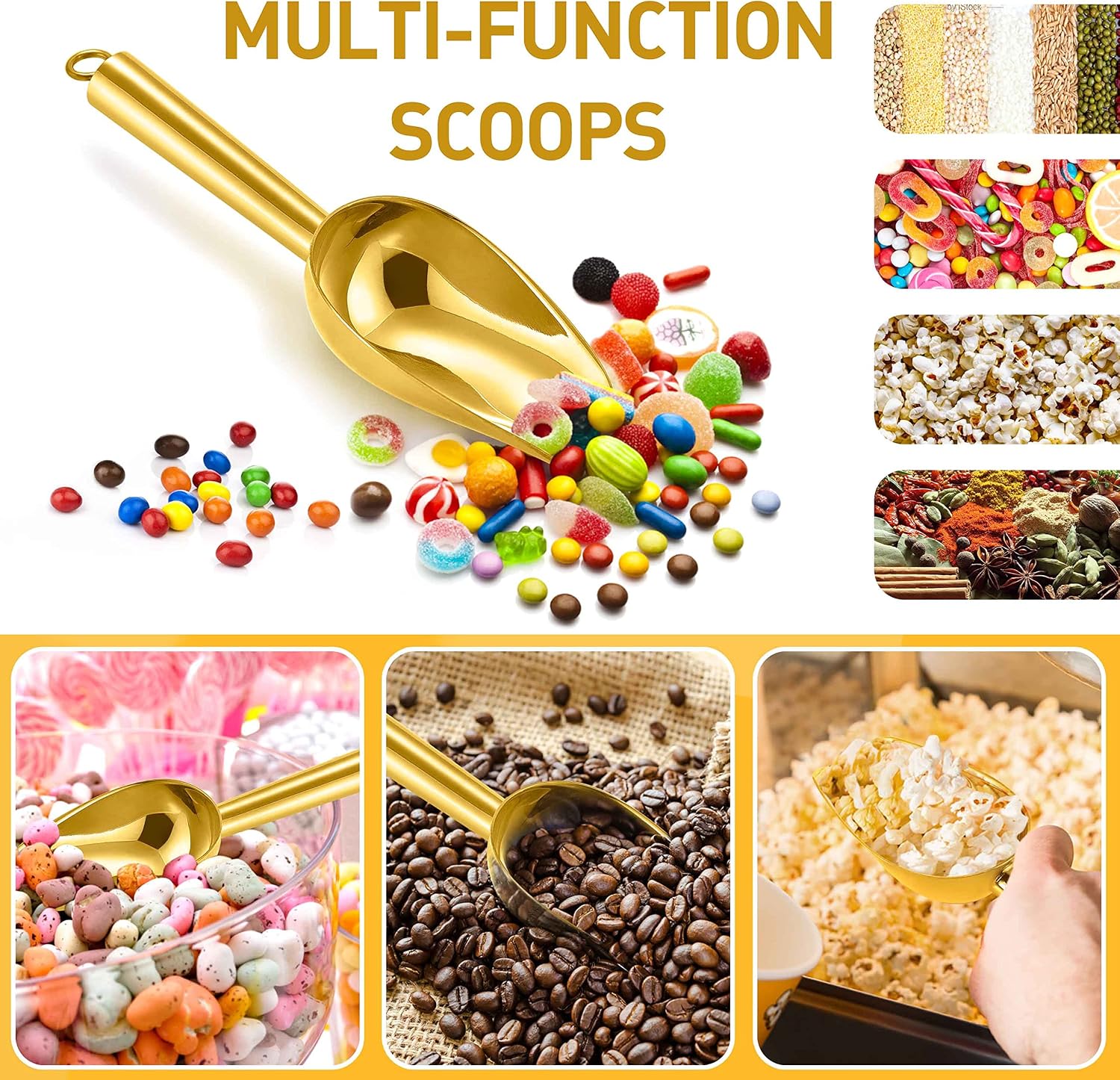 Herogo 3oz Mini ice Scoop Set of 2, Small Stainless Steel Scooper for Candy/Flour/Bean/Pet Food/ Ice Cube, Metal Utility Scoops for Kitchen Bar Party Wedding, Dishwasher Safe & Heavy Duty, Gold